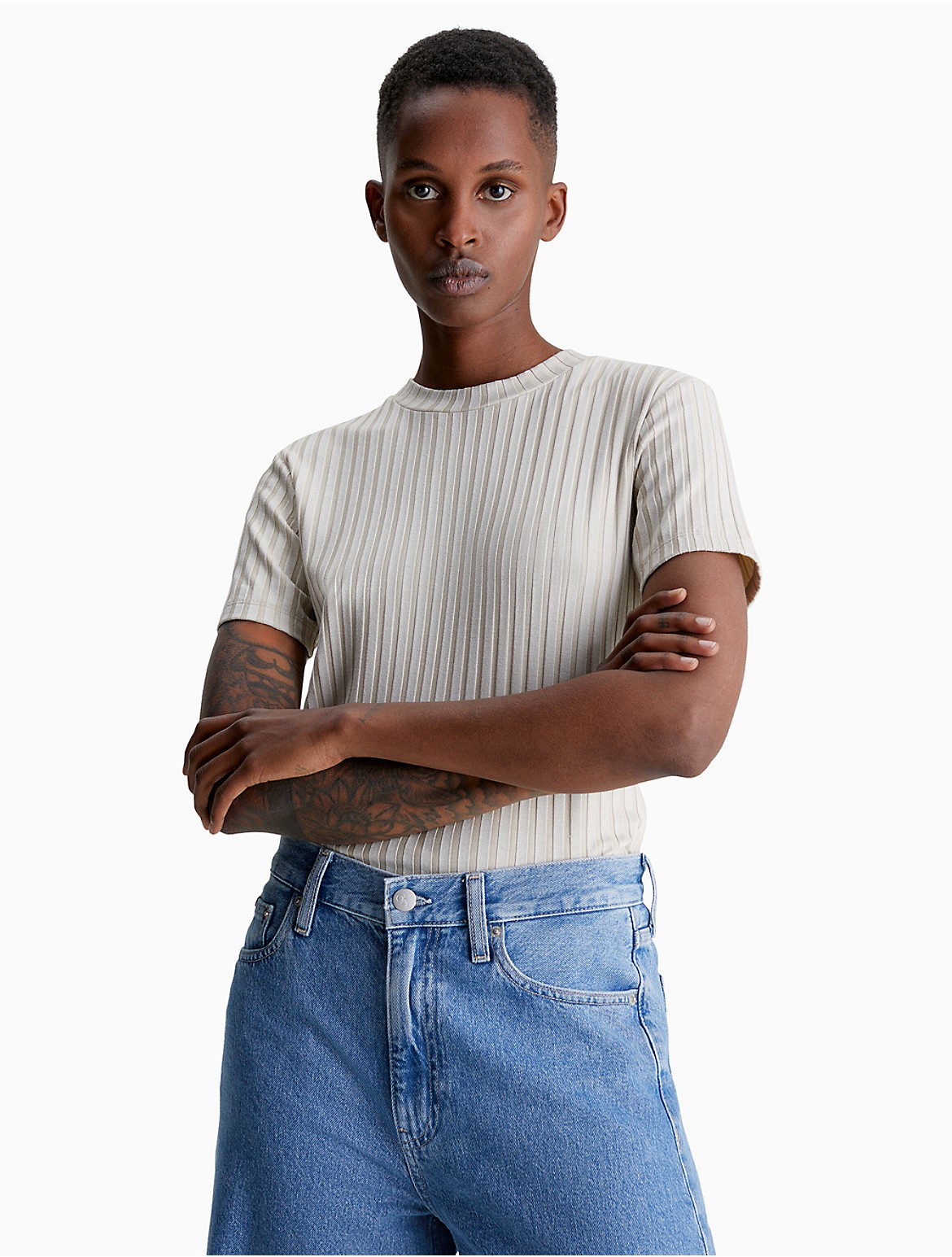 Calvin Klein Women's Ribbed Short Sleeve T-Shirt - Neutral - XS