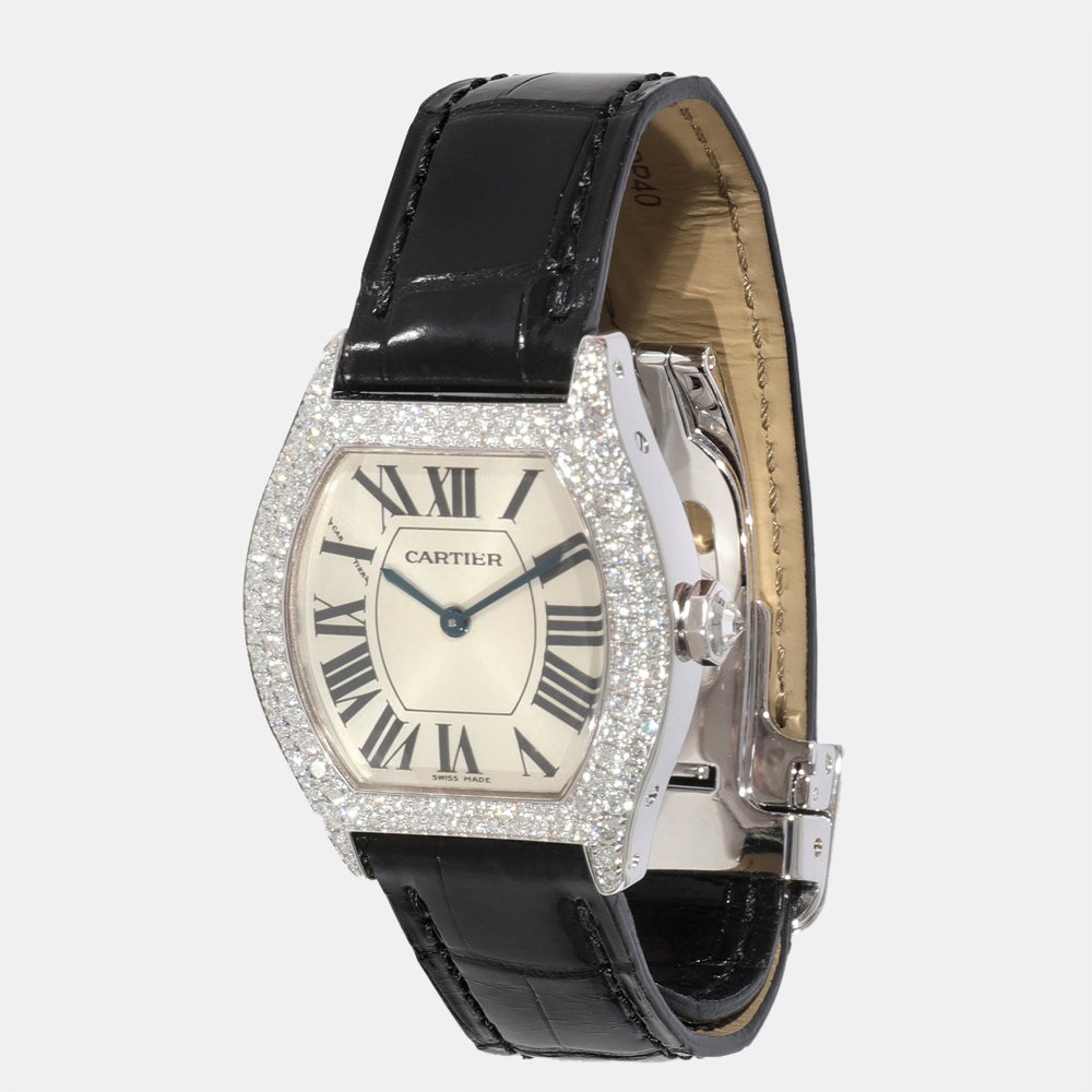 Cartier Silver 18k White Gold Tortue 2644 Manual Winding Women's Wristwatch 28 mm