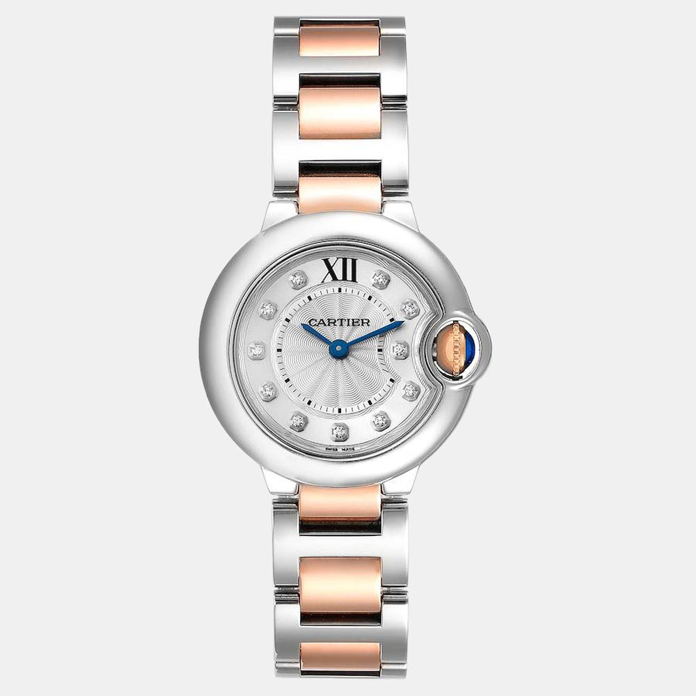 Cartier Silver Diamond 18k Rose Gold And Stainless Steel Ballon Bleu WE902030 Quartz Women's Wristwatch 29 mm