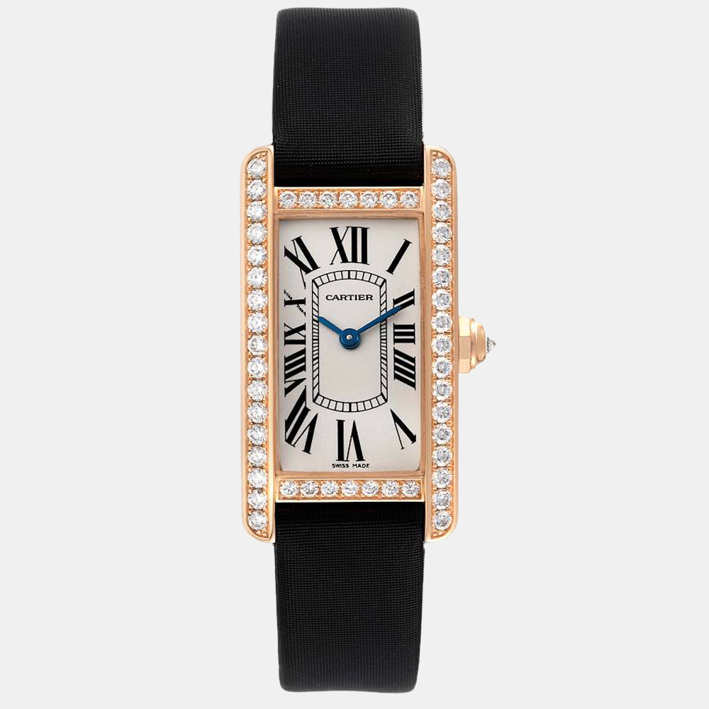 Cartier Silver Diamond 18k Rose Gold Tank Americaine WJTA0002 Quartz Women's Wristwatch 19 mm