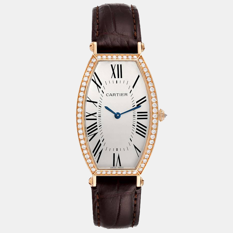 Cartier Silver Diamond 18k Rose Gold Tonneau 2849 Manual Winding Women's Wristwatch 26 mm