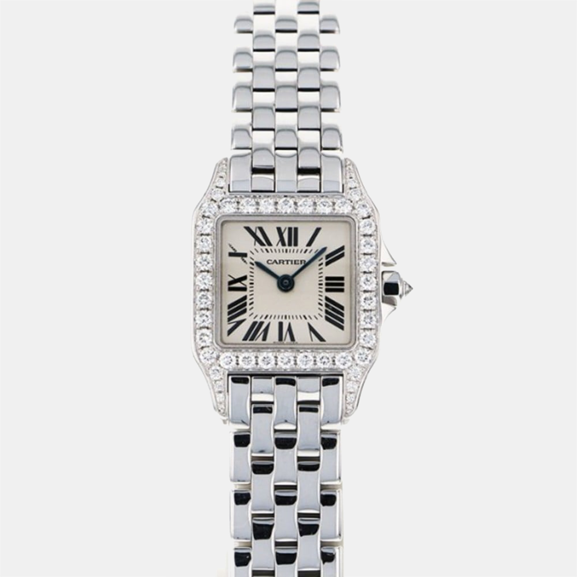 Cartier Silver Diamond 18k White Gold Santos Demoiselle WF9003Y8 Quartz Women's Wristwatch 21 mm