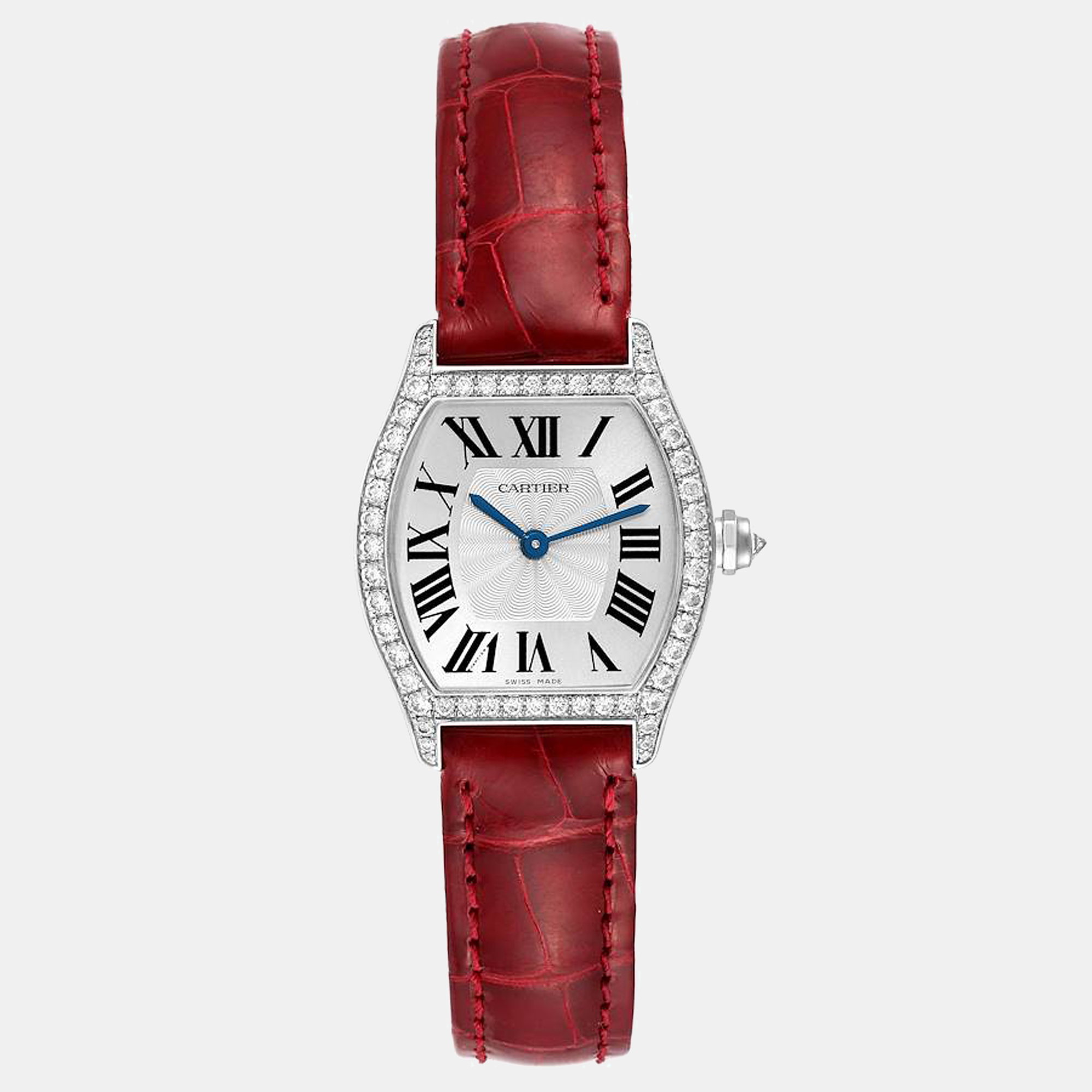 Cartier Silver Diamond 18k White Gold Tortue WA501007 Manual Winding Women's Wristwatch 24 mm