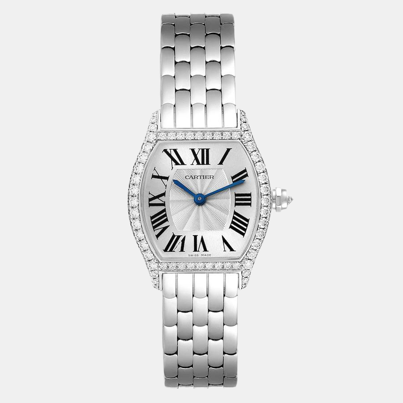 Cartier Silver Diamond 18k White Gold Tortue WA501011 Manual Winding Women's Wristwatch 24 mm