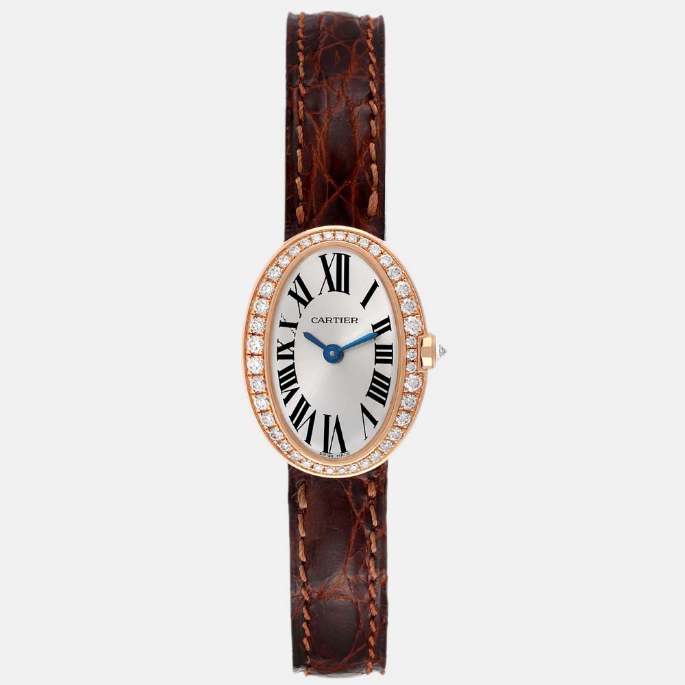 Cartier Silver Diamonds 18K Rose Gold Baignoire WB520028 Women's Wristwatch 20 mm