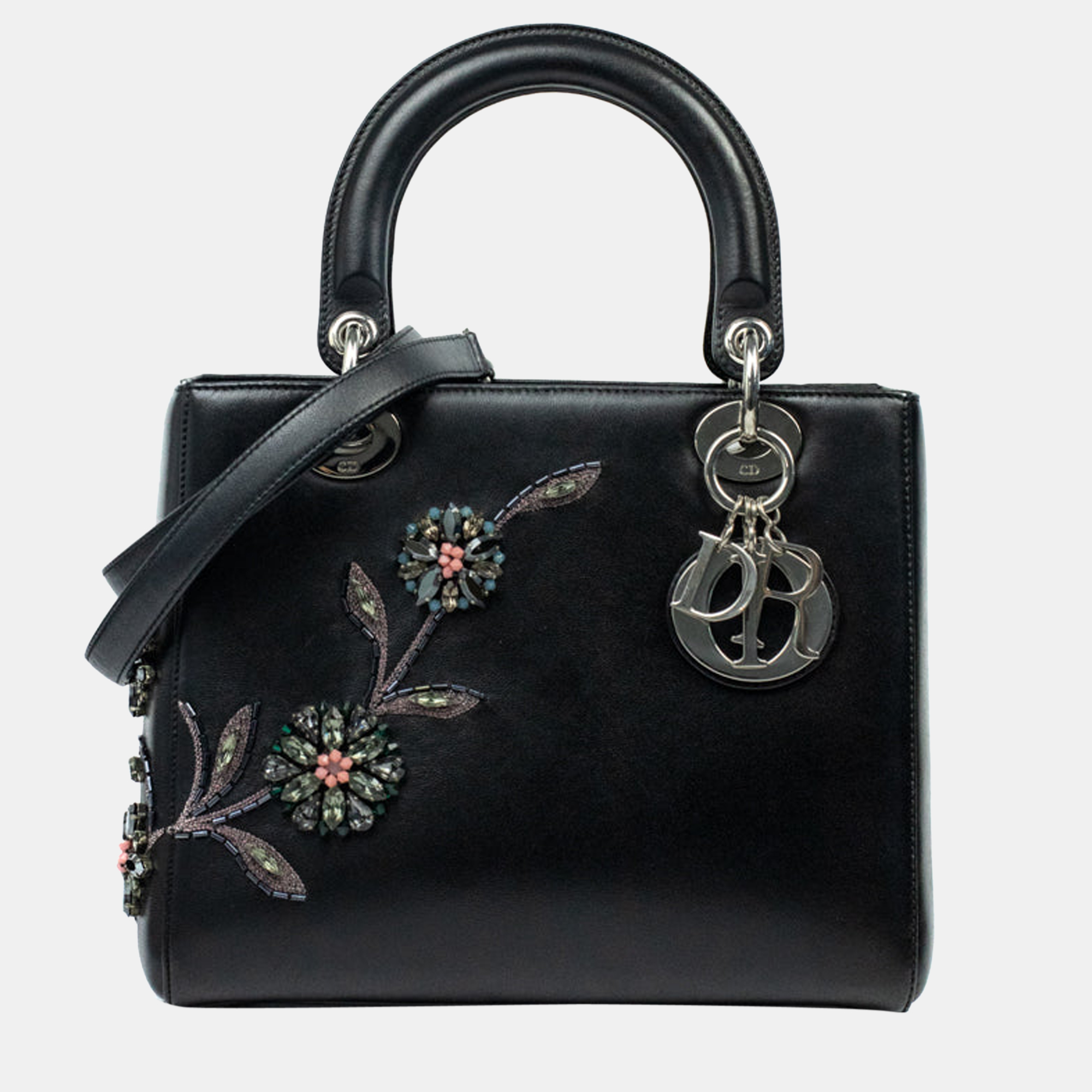 Dior Black Leather Medium Flower Patch Embellished Lady Dior Tote Bag