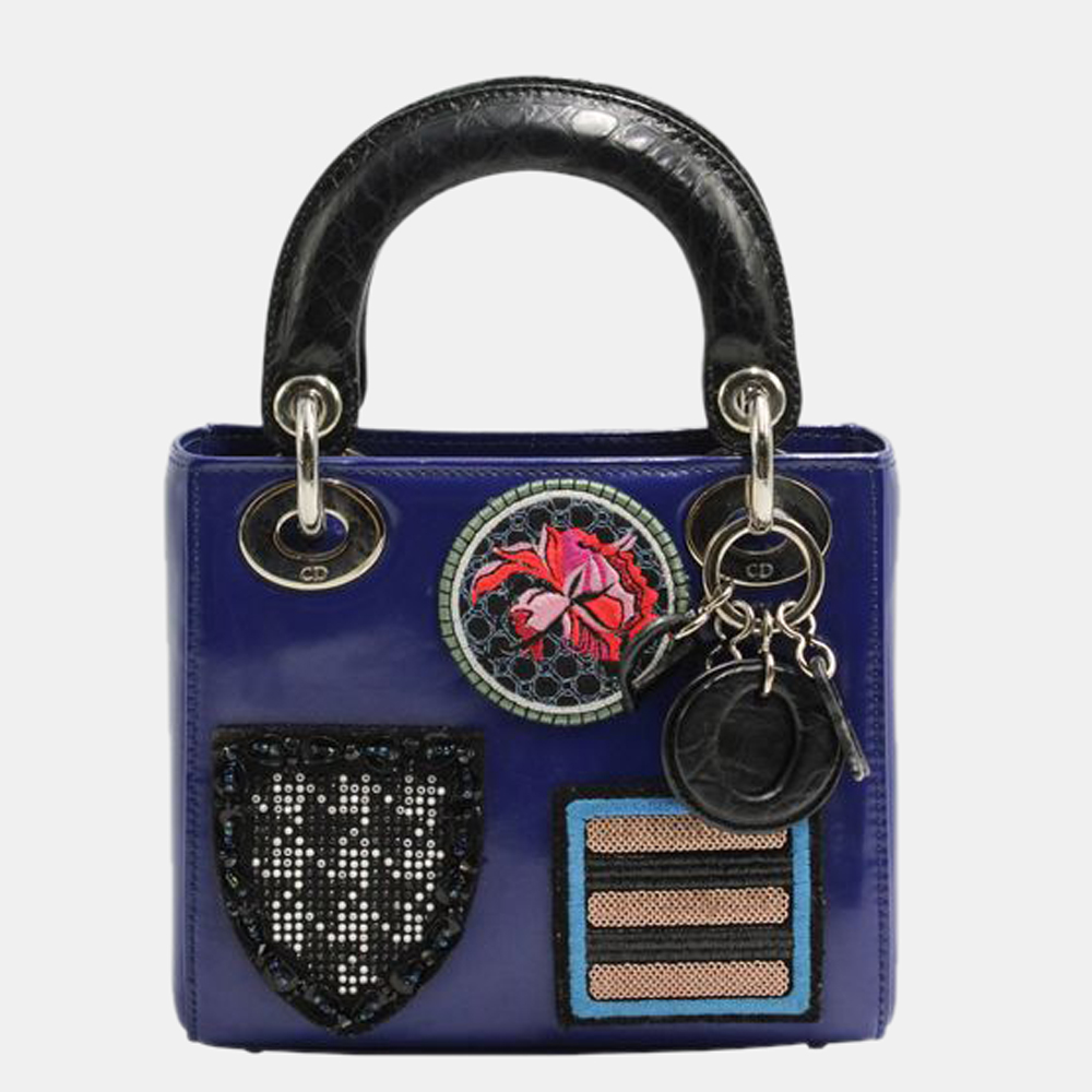 Dior Blue Patent Leather with Embroidered Patches Mini Lady Dior Tote Bag