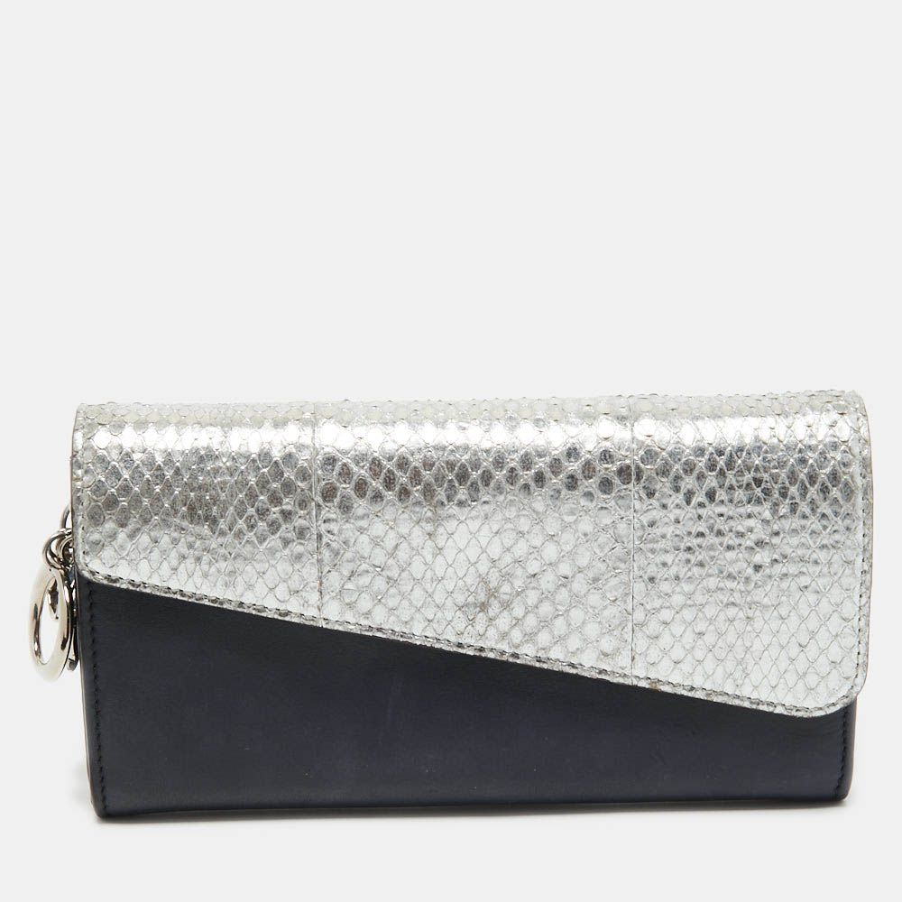 Dior Navy Blue/Silver Leather and Watersnake Charm Flap Continental Wallet