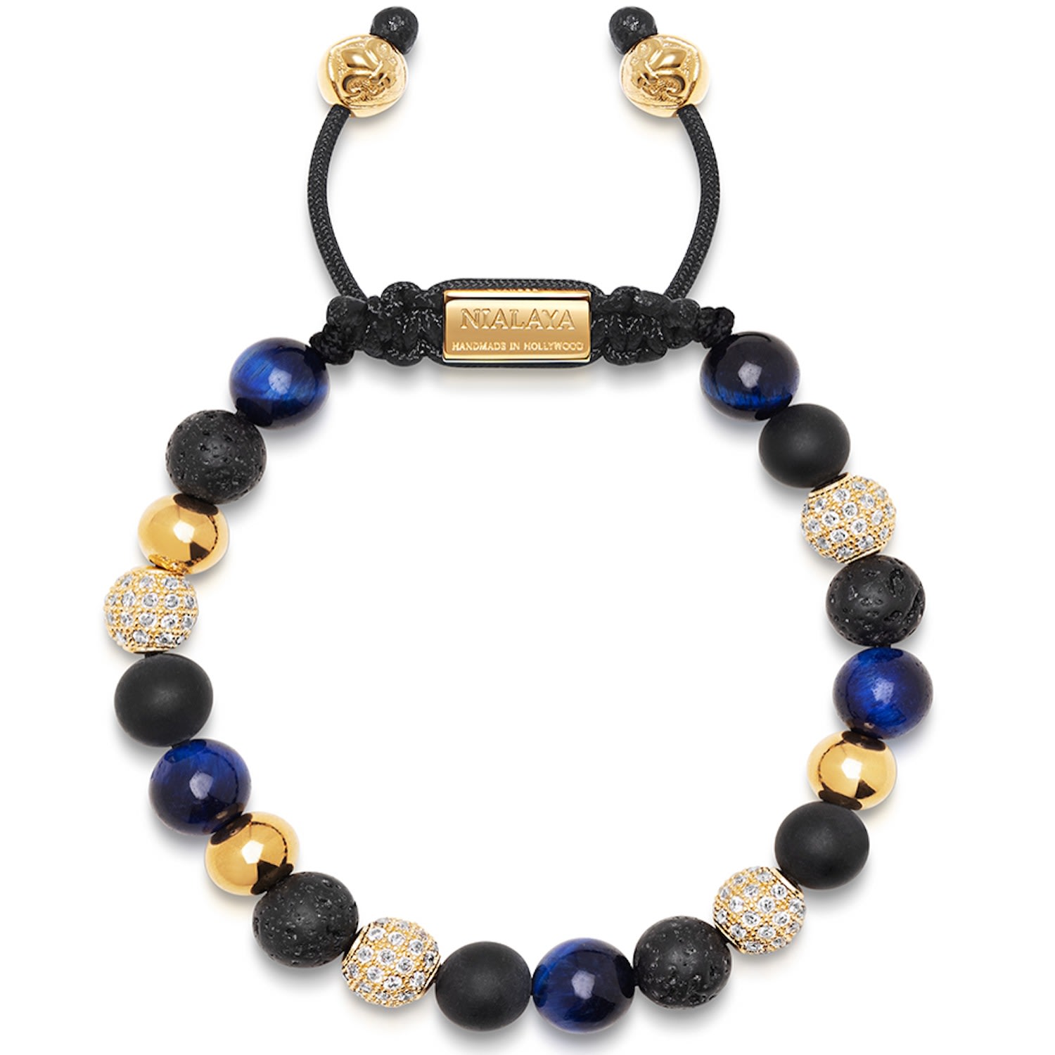 Gold / Black / Blue Men's Beaded Bracelet With Blue Tiger Eye, Matte Onyx, Lava Stone And Clear Cz Diamonds Nialaya Jewelry
