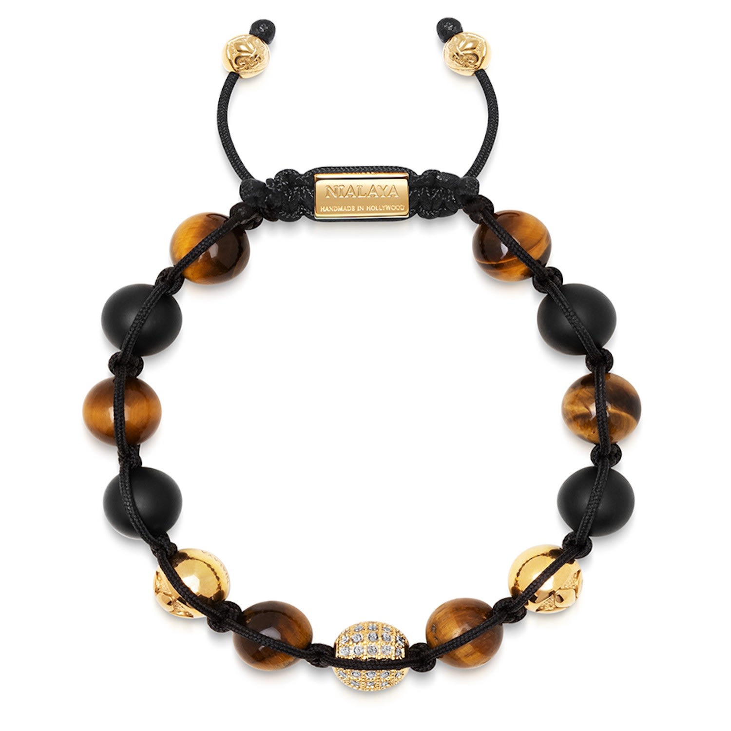 Gold / Black / Brown Men's Beaded Bracelet With Gold, Cz Diamond, Matte Onyx, And Brown Tiger Eye Nialaya Jewelry