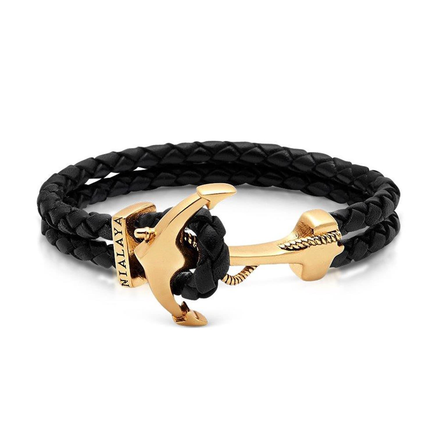 Gold / Black Men's Black Leather Bracelet With Gold Anchor Nialaya Jewelry