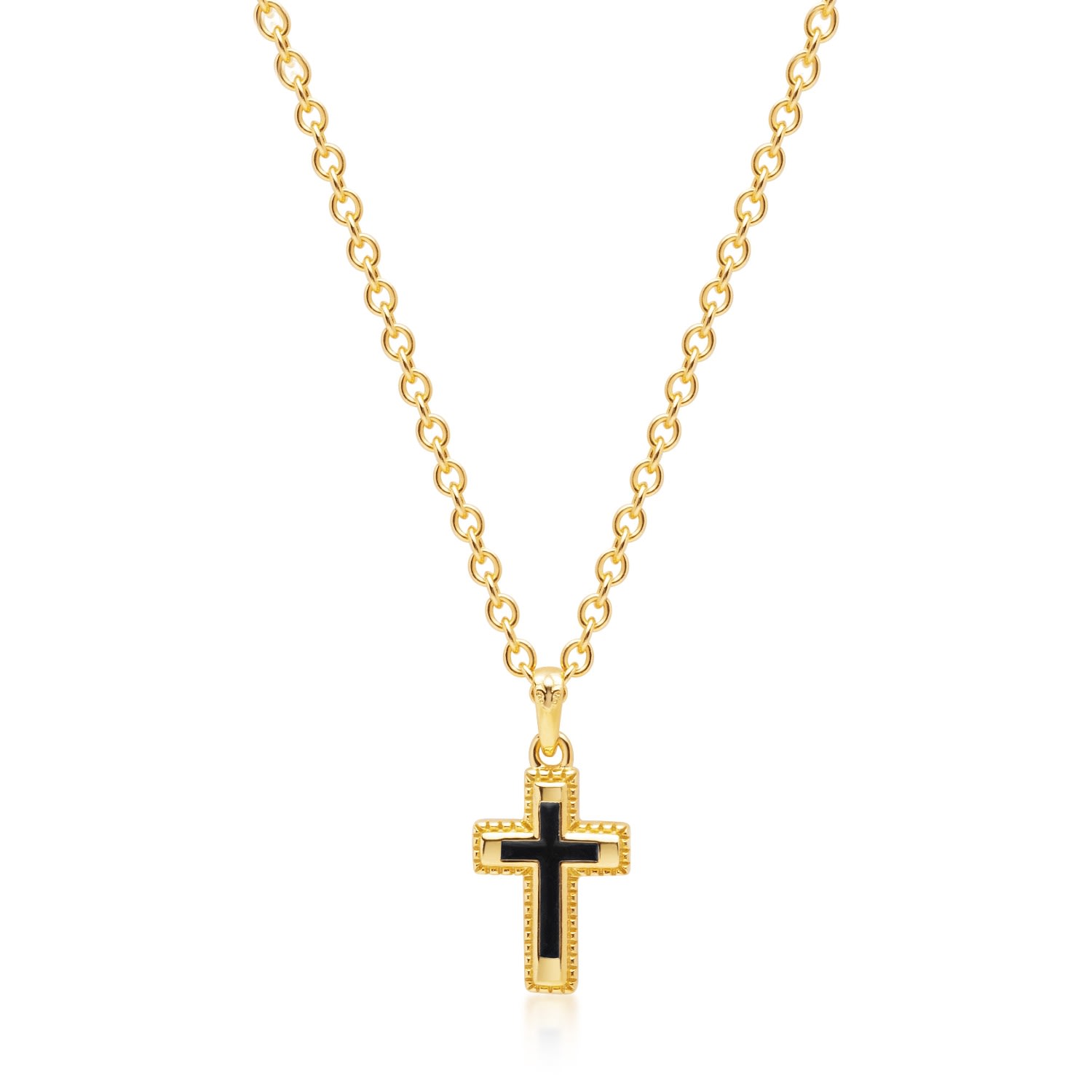 Gold / Black Men's Sterling Silver Gold Plated Mini Cross Necklace With Black Enamel Nialaya Jewelry