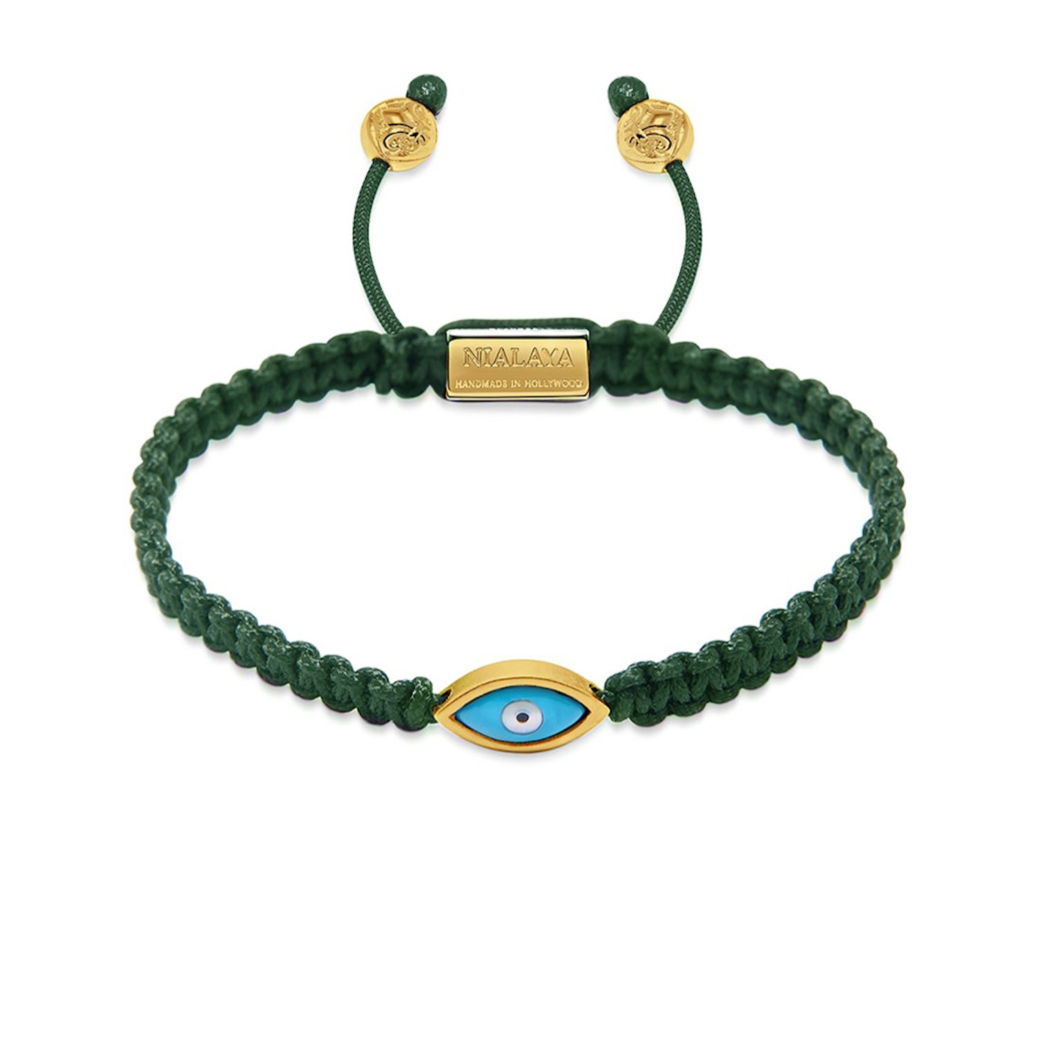 Gold / Green / Blue Men's Dark Green String Bracelet With Gold Evil Eye Nialaya Jewelry