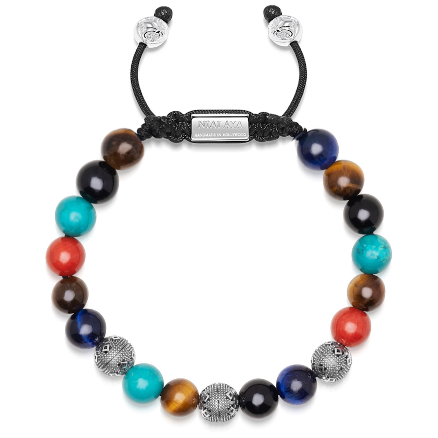 Men's Beaded Bracelet With Brown Tiger Eye, Turquoise, Red Jade, Blue Tiger Eye And Silver Cairo Beads Nialaya Jewelry