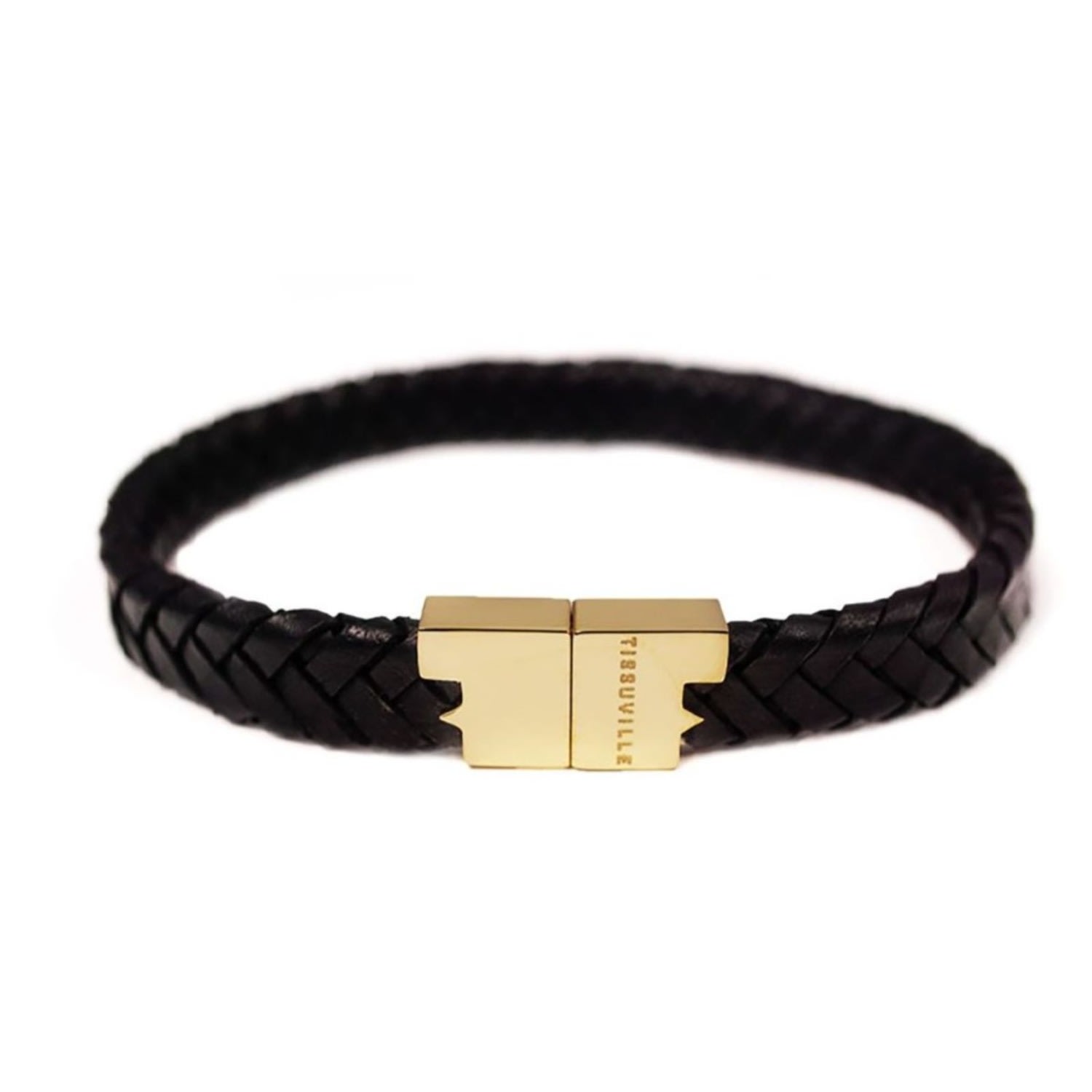 Men's Black Braided Leather Bracelet With Gold-Plated Hardware - Serac Tissuville