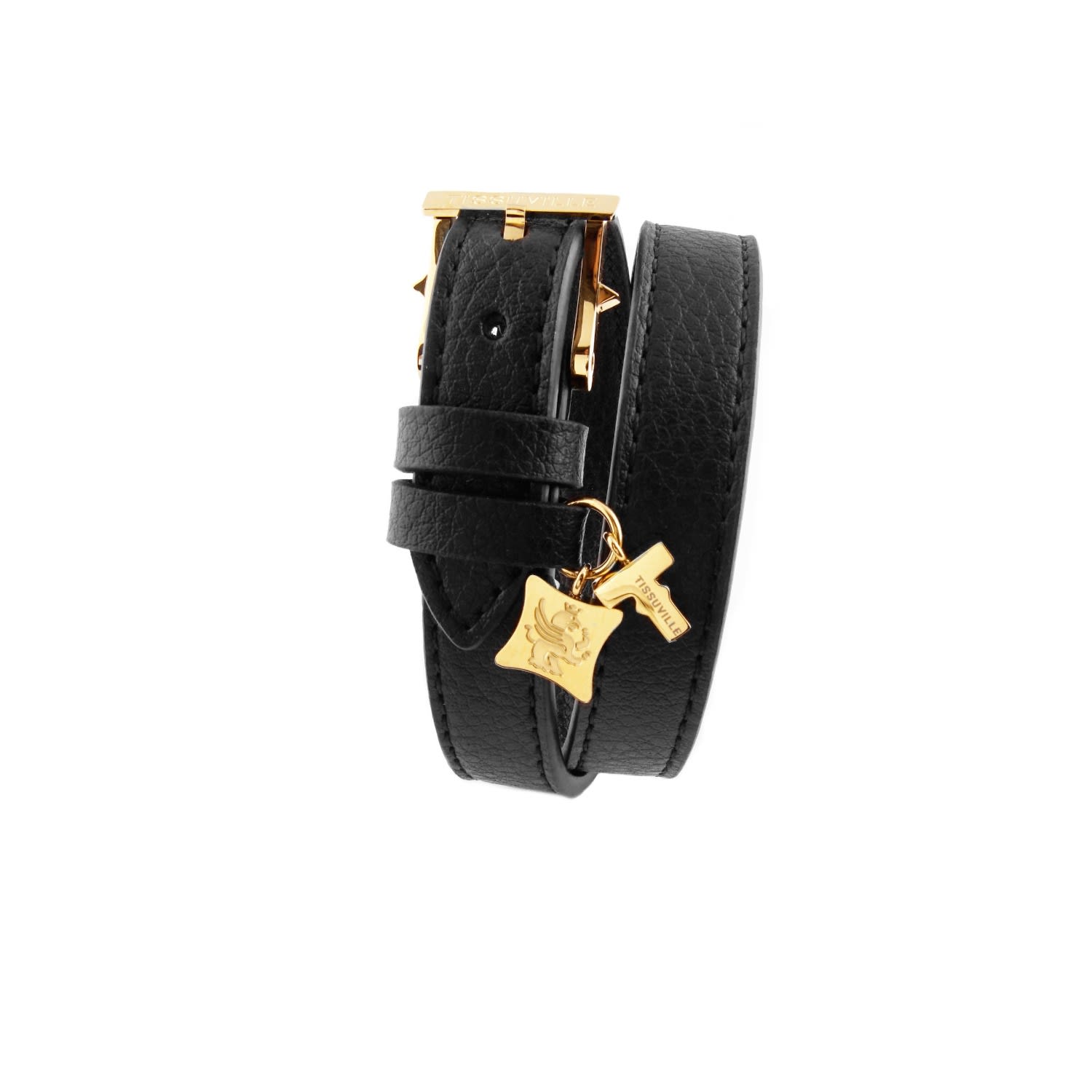 Men's Black Double Wrap Leather Bracelet With 18K Gold-Plated Buckle - Illusionist Tissuville