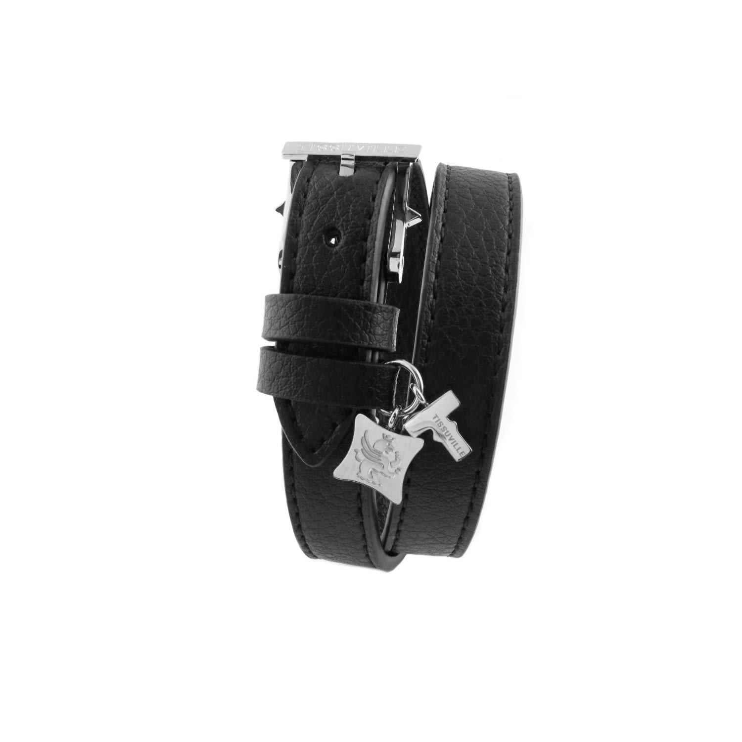 Men's Black Double Wrap Leather Bracelet With Silver-Tone Buckle - Illusionist Tissuville