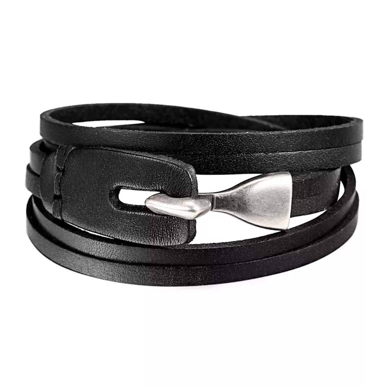 Men's Black Multilayer Leather Bracelet With Hook Closure N'Damus London
