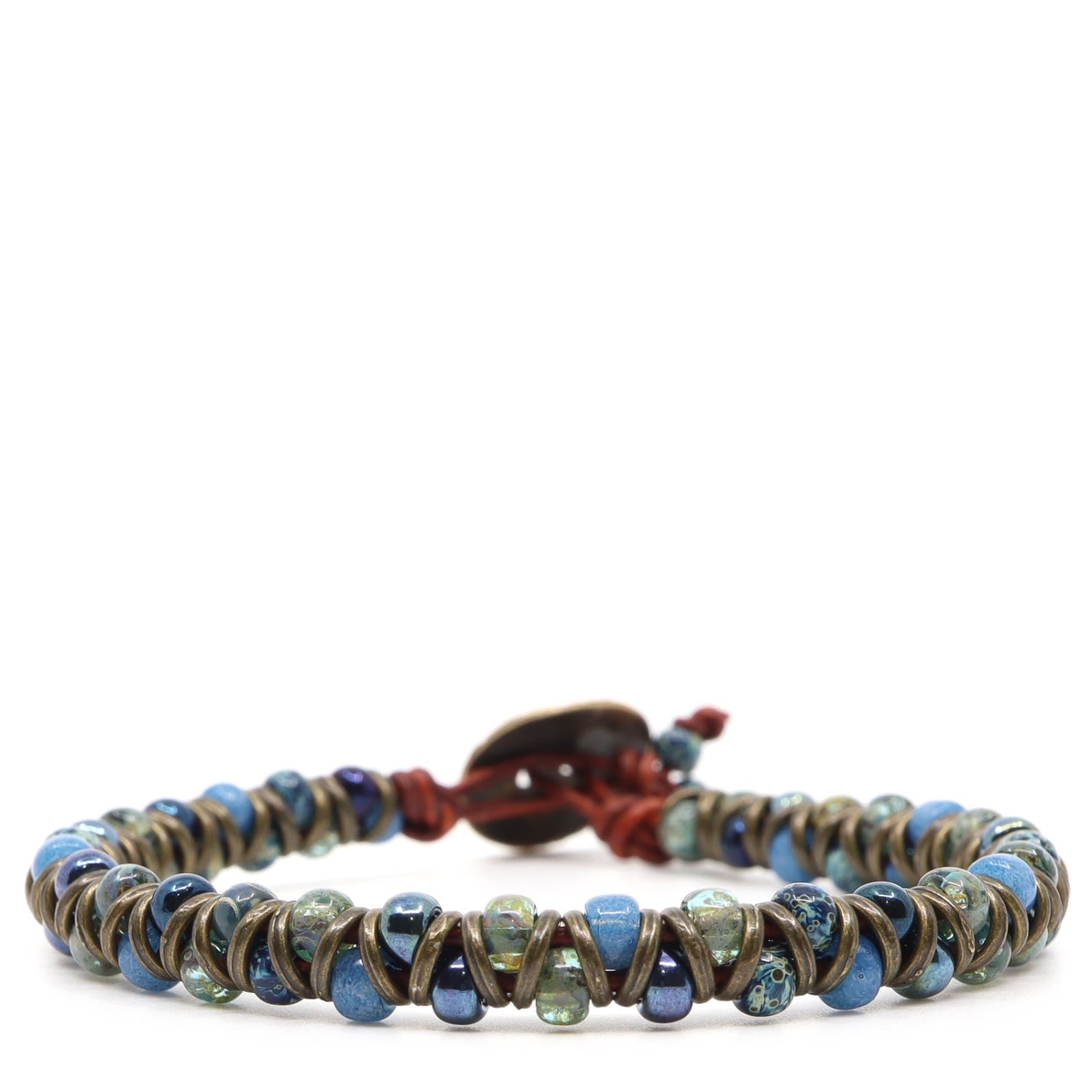 Men's Blue / Red / Green Blue Picasso Czech Beads & Red Leather Beaded Bracelet Shar Oke
