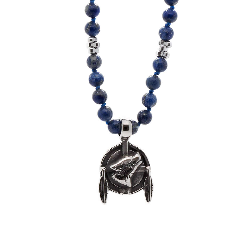 Men's Blue / Silver Lapis Lazuli Wolf Spirit Necklace Ebru Jewelry