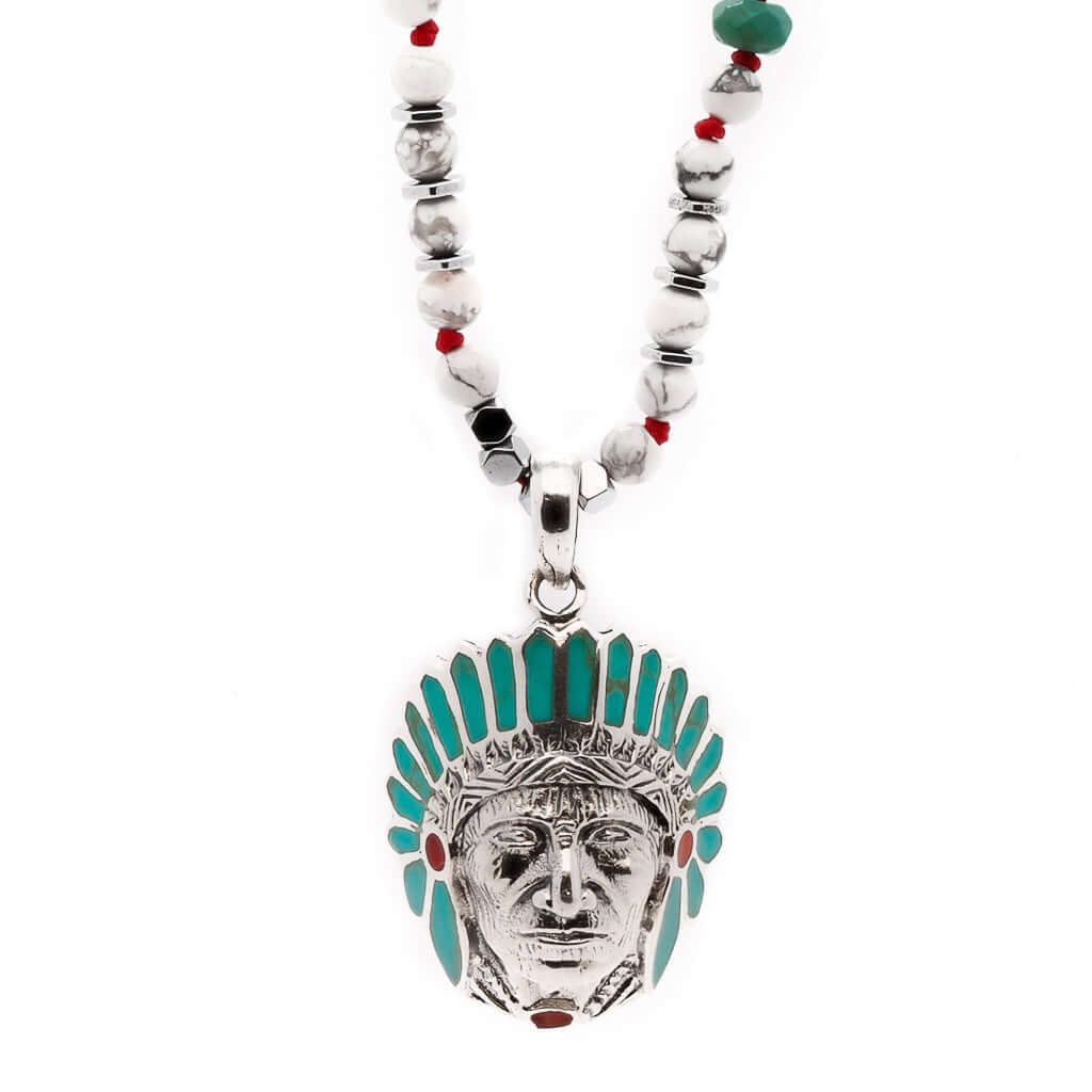 Men's Blue / White / Silver Chief Pendant Native American Necklace Ebru Jewelry