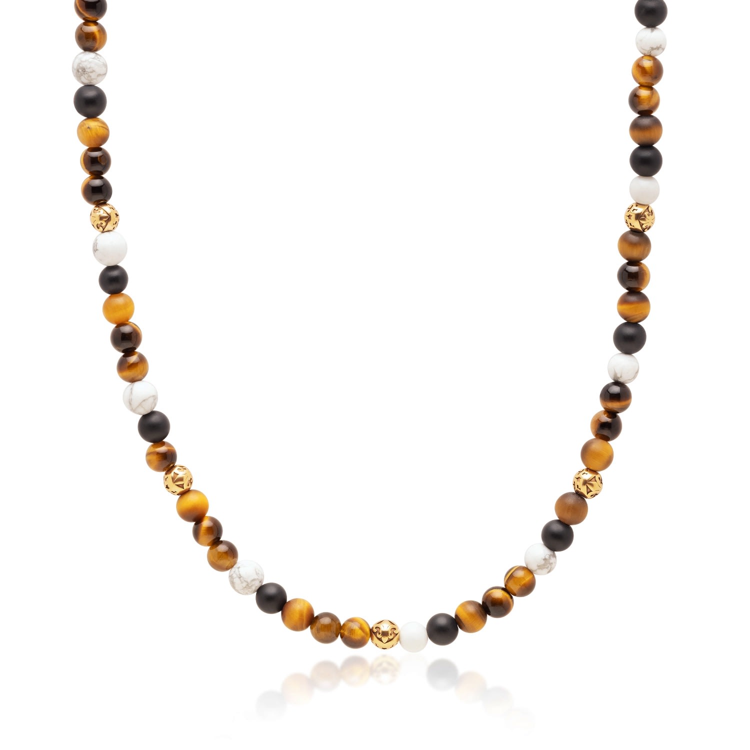 Men's Brown / Gold / Black Beaded Necklace With Brown Tiger Eye, Howlite, And Onyx Nialaya Jewelry
