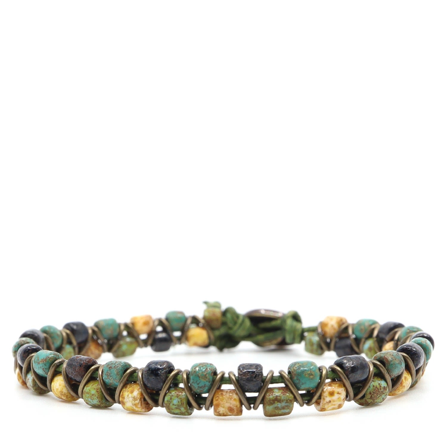Men's Brown / Green / Black Green Picasso Czech Beads & Green Leather Beaded Bracelet Shar Oke