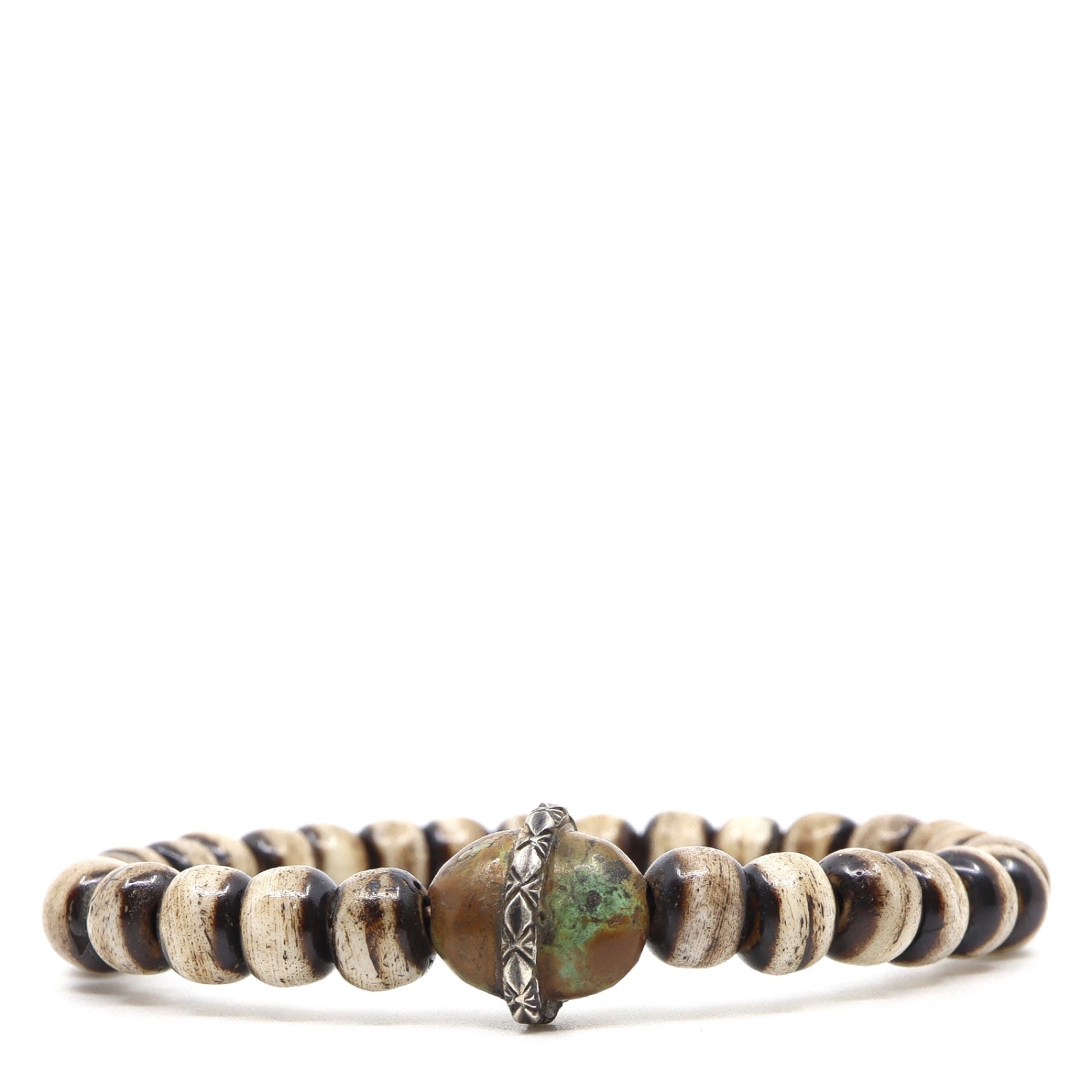 Men's Brown / Green / Silver Bone & Turquoise Tibetan Sterling Silver Beaded Bracelet Shar Oke