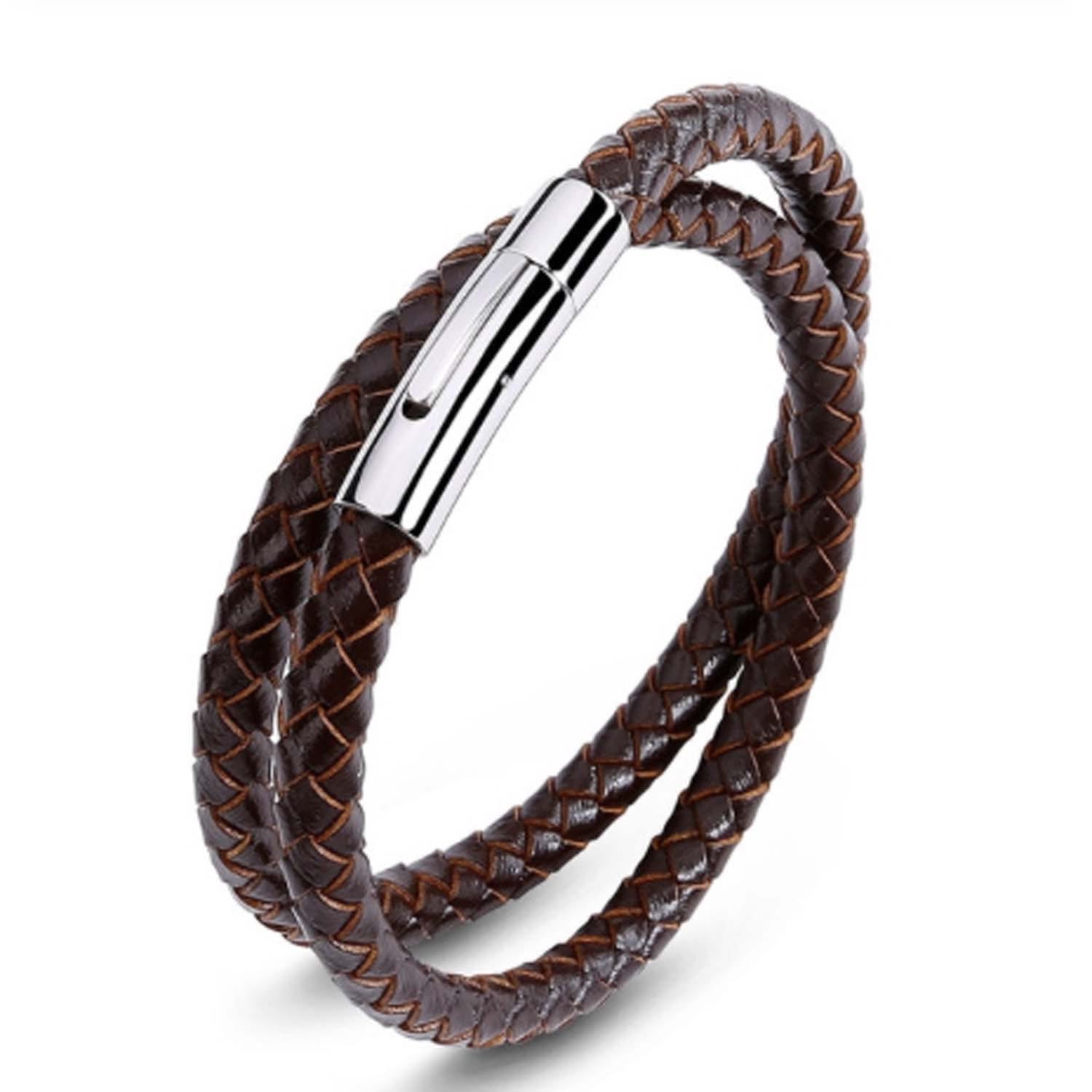 Mens Brown Leather Double Plaited Bracelet With Silver Clasp N'Damus London