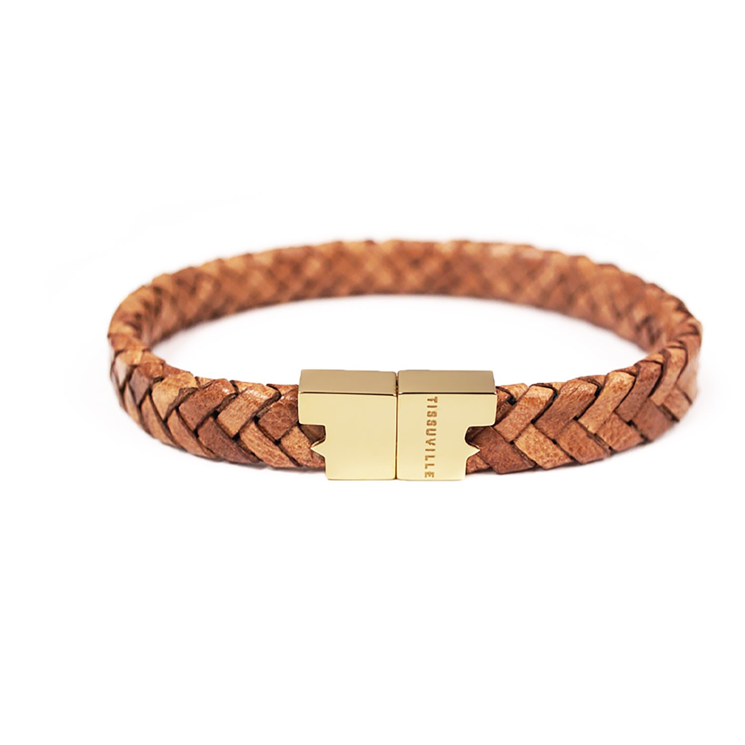 Men's Cognac Brown Braided Leather Bracelet With Gold - Tone Hardware - Brown Tissuville