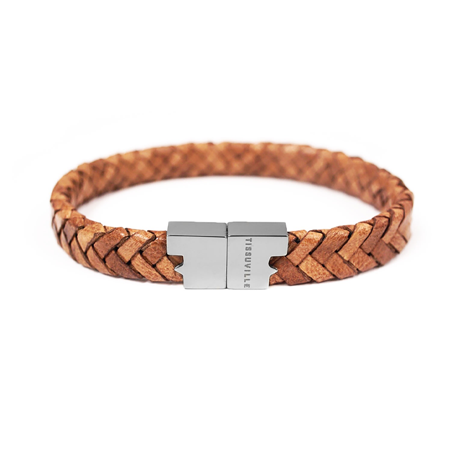 Men's Cognac Brown Braided Leather Bracelet With Silver-Tone Hardware - Brown Tissuville