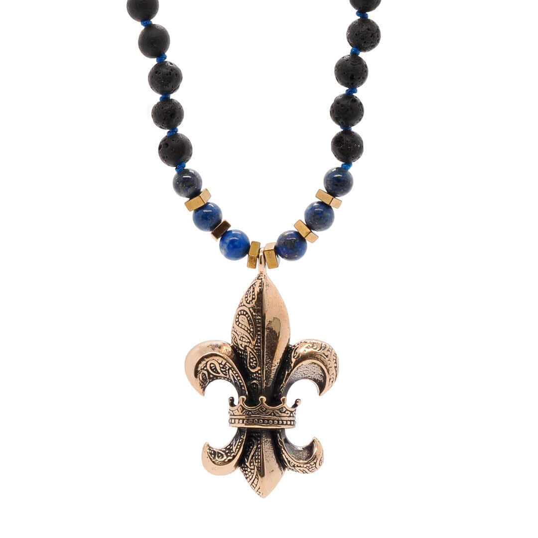 Men's Gold / Black / Blue Fleur De Lis Unique Necklace Ebru Jewelry