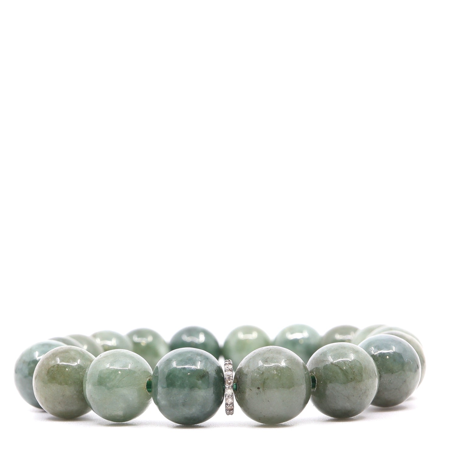 Men's Green / Silver Green Jade Jadeite & Diamonds Beaded Bracelet Shar Oke