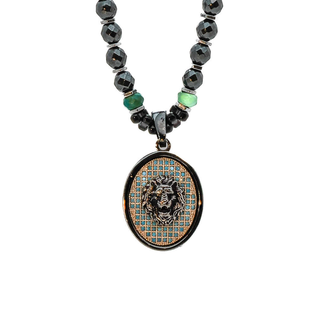 Men's Grey / Gold / Green Unique Lion Necklace Ebru Jewelry