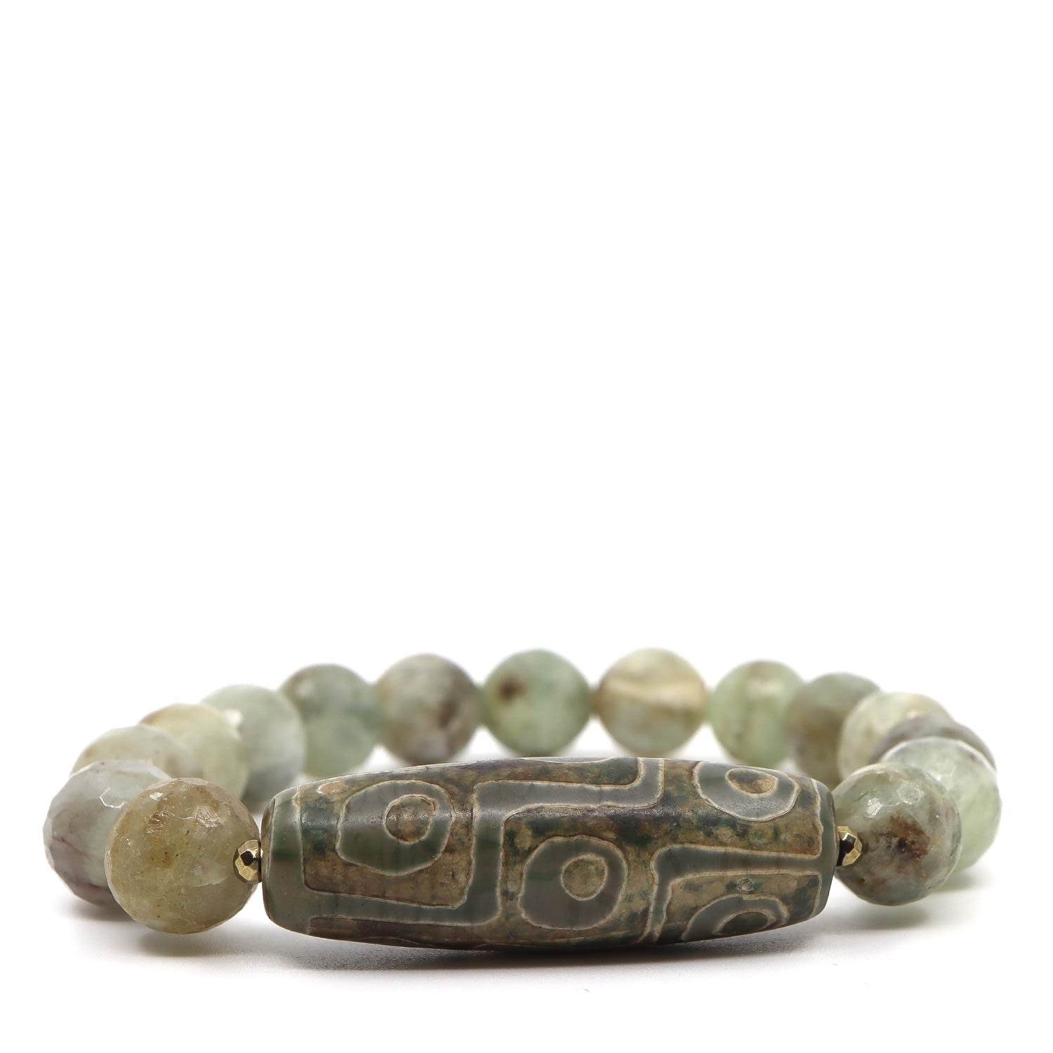 Men's Neutrals / Gold / Green Green Aquamarine & Tibetan Agate Beaded Bracelet Shar Oke