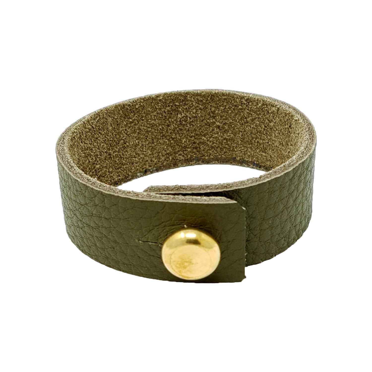 Mens Olive Green Leather Bracelet With Large Brass Button N'Damus London