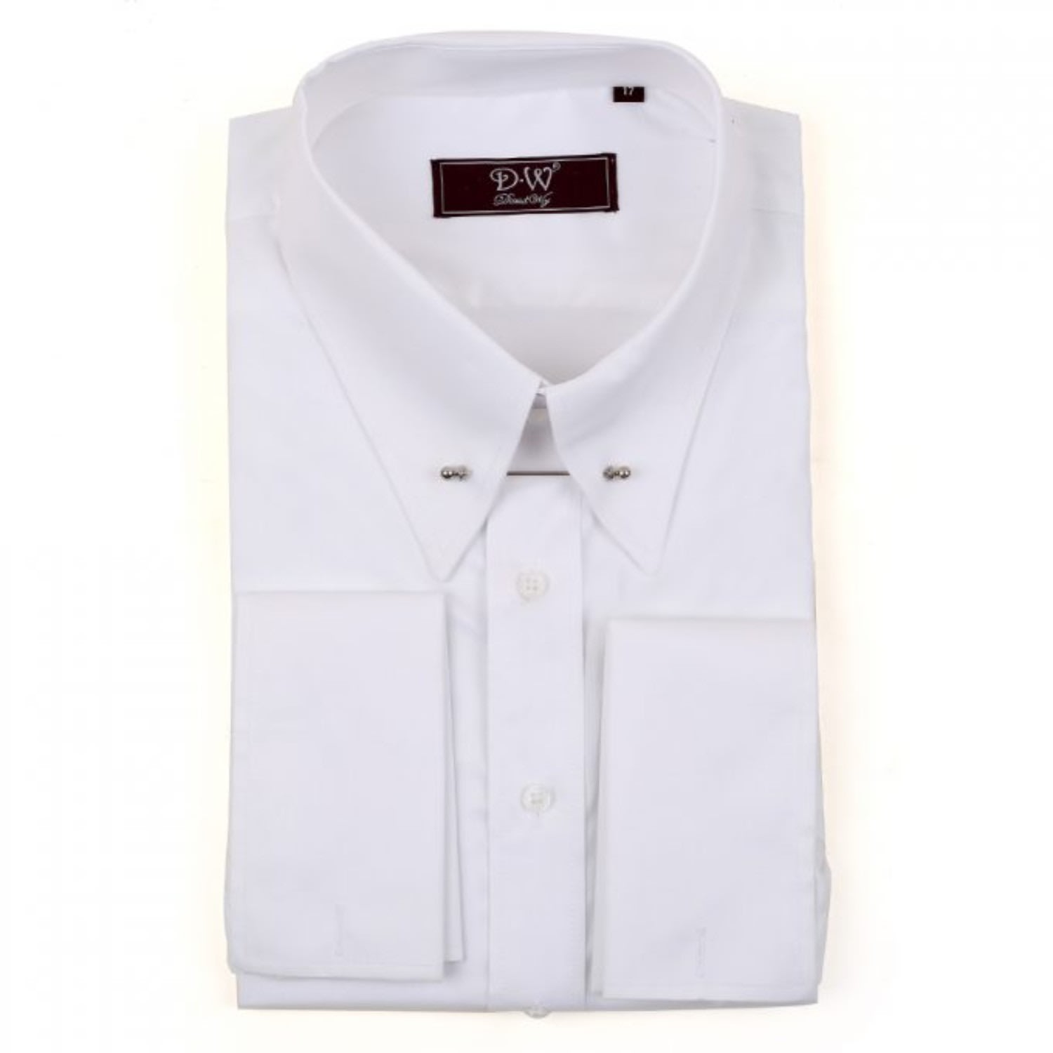 Men's Pin Collar Double Cuff Fine Twill Shirt - White - White 16.5" DAVID WEJ