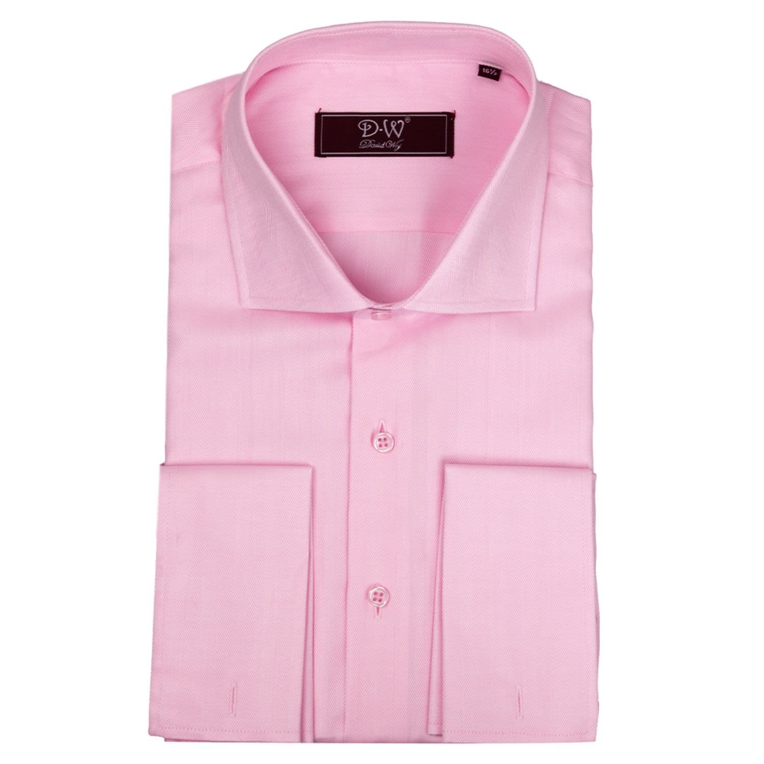 Men's Pink / Purple Cutaway Collar Double Cuff Herringbone Shirt - Light Pink 15" DAVID WEJ