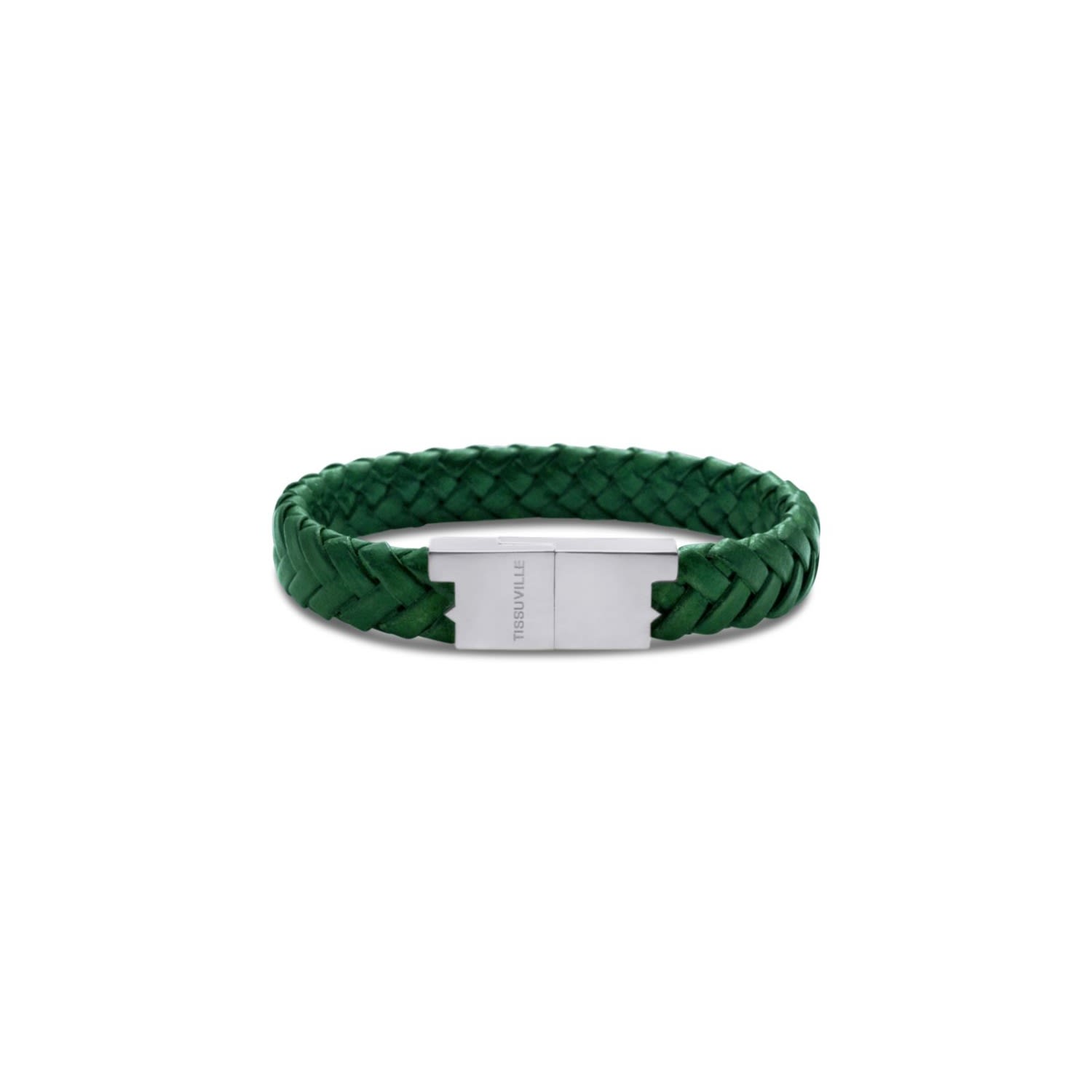 Men's Racing Green Braided Leather Bracelet With Silver-Tone Hardware Serac- Green Tissuville