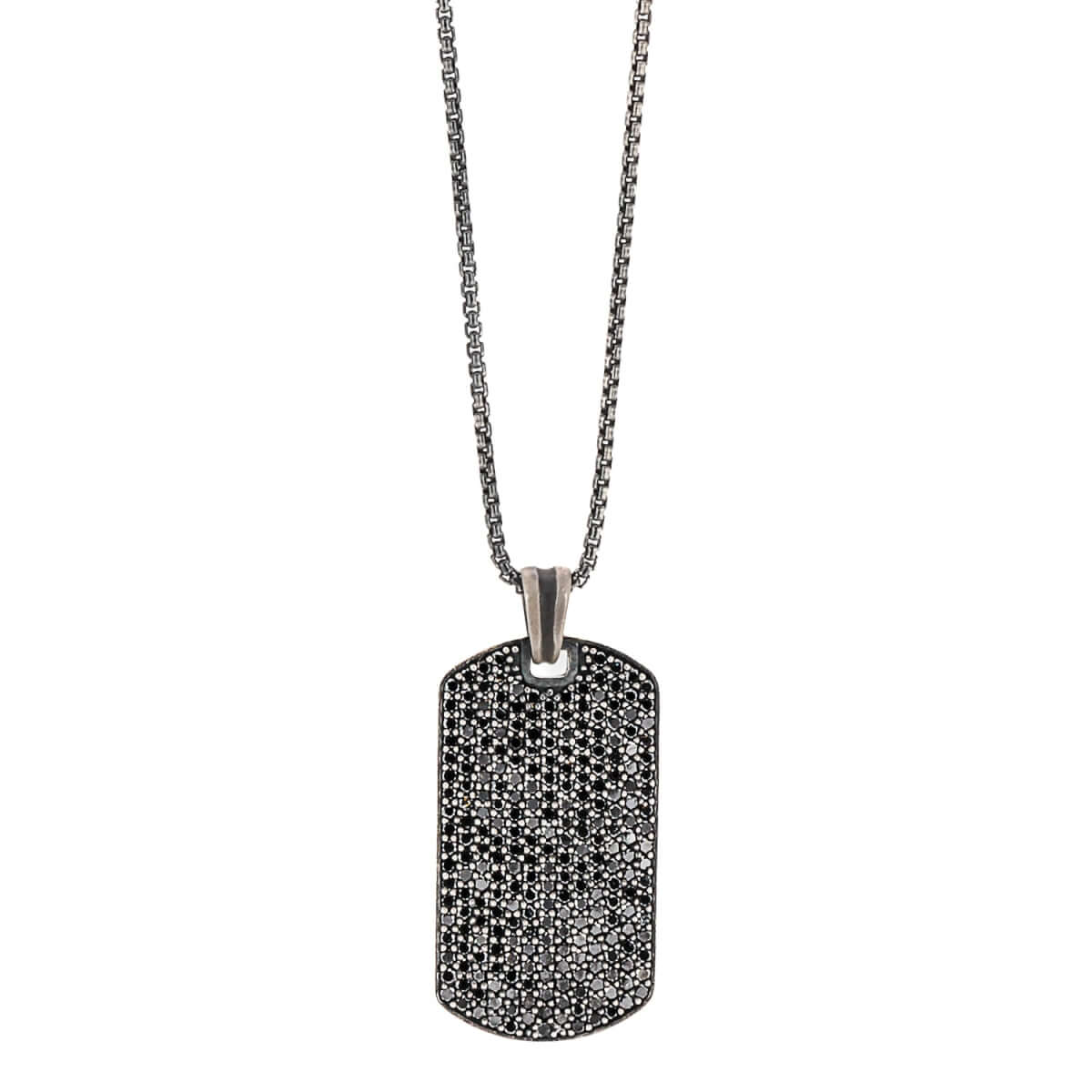 Men's Silver Dog Tag Black Diamond Necklace Ebru Jewelry