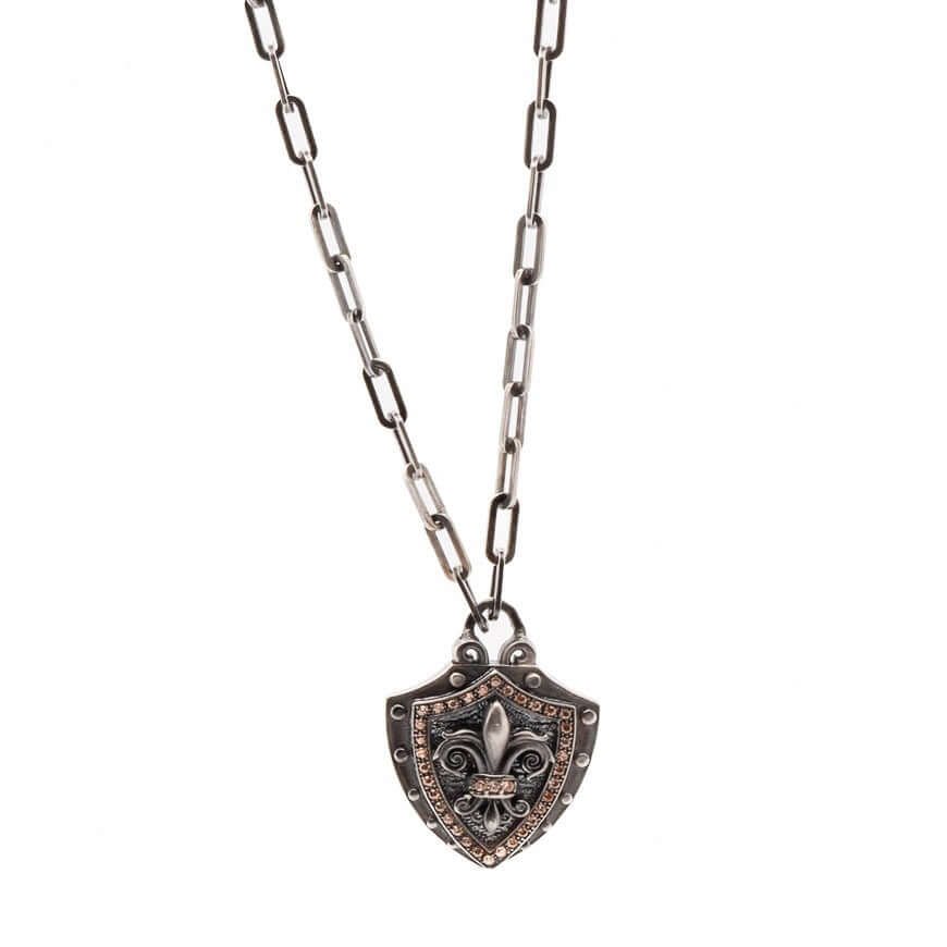 Men's Silver Fleur De Lis Shield Necklace Ebru Jewelry