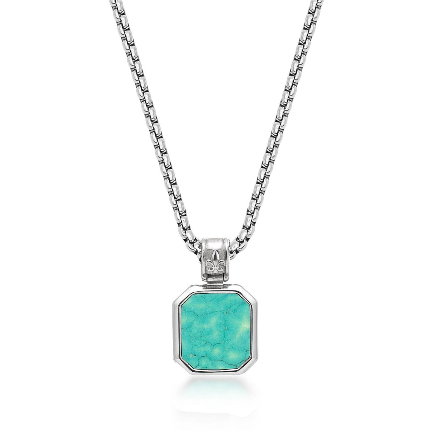 Men's Silver Necklace With Square Turquoise Pendant Nialaya Jewelry