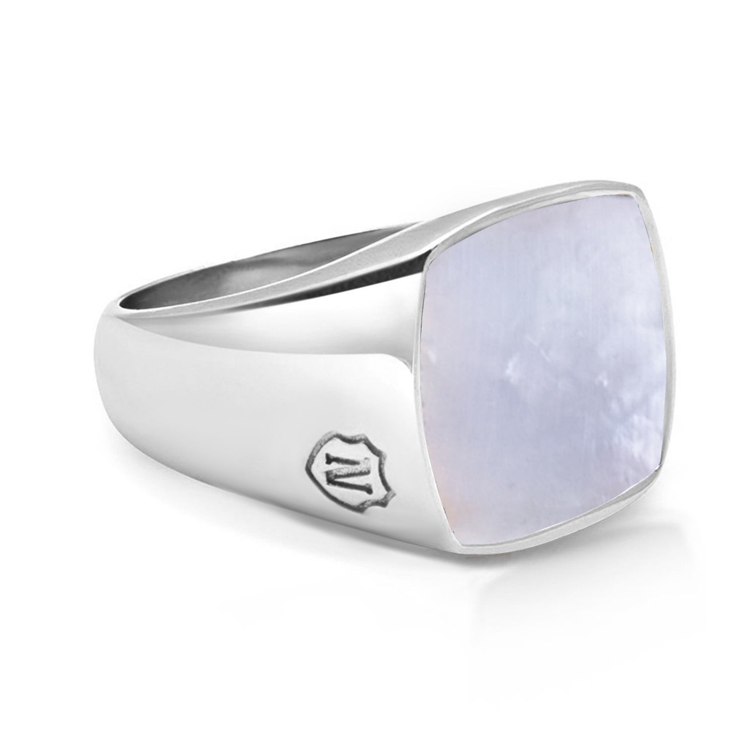 Men's Silver Signet Ring With Natural White Shell Nialaya Jewelry