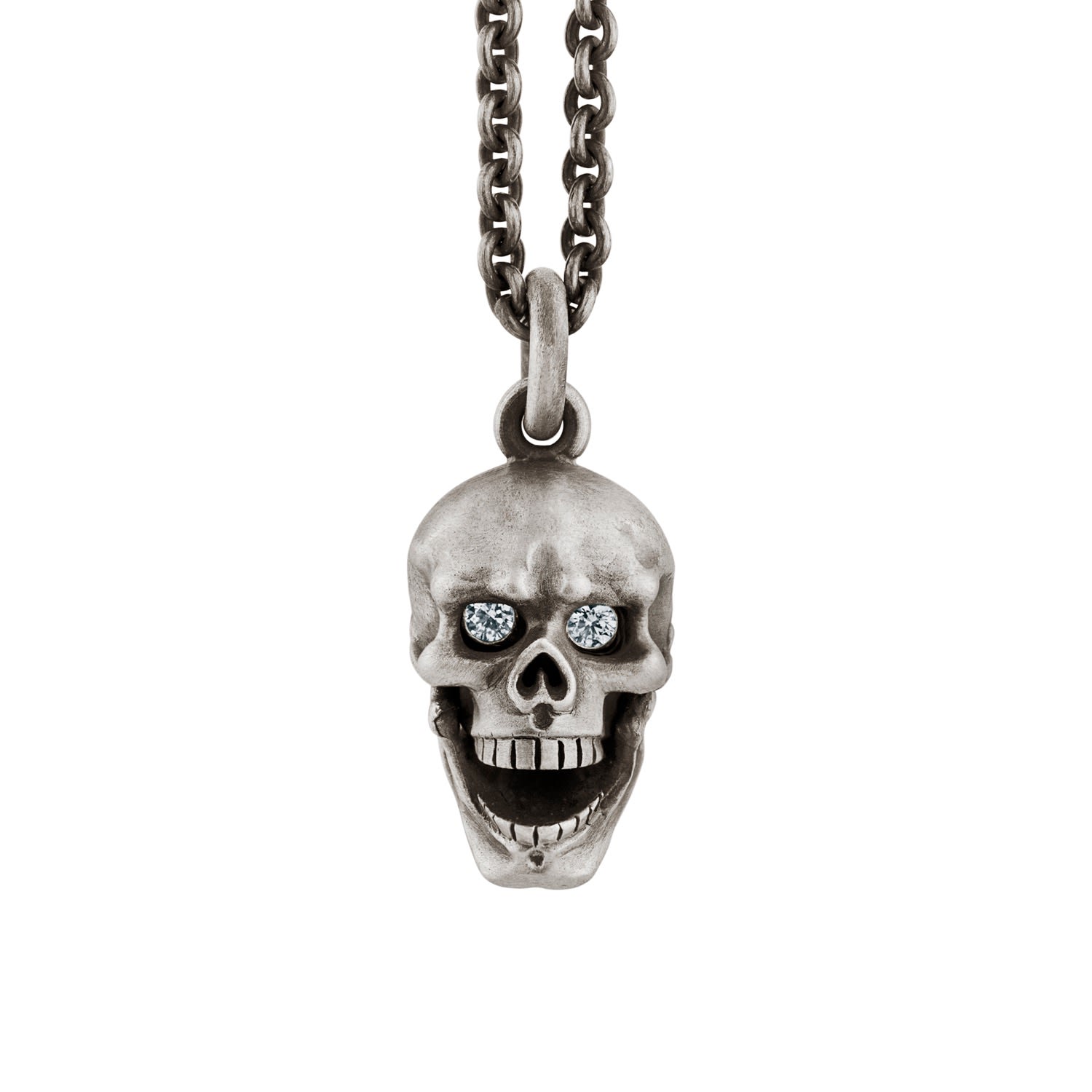 Men's Skull Pendant With Hinged Jaw And Diamond Eyes In Sterling Silver Snake Bones