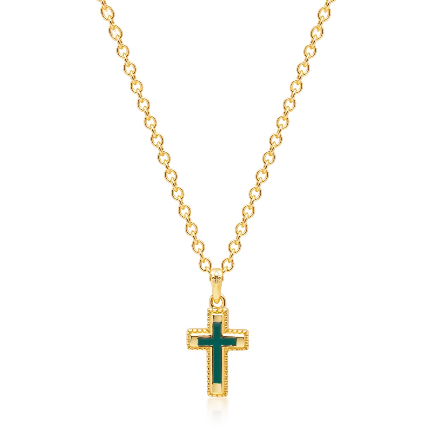 Men's Sterling Silver Gold Plated Mini Cross Necklace With Green Enamel Nialaya Jewelry