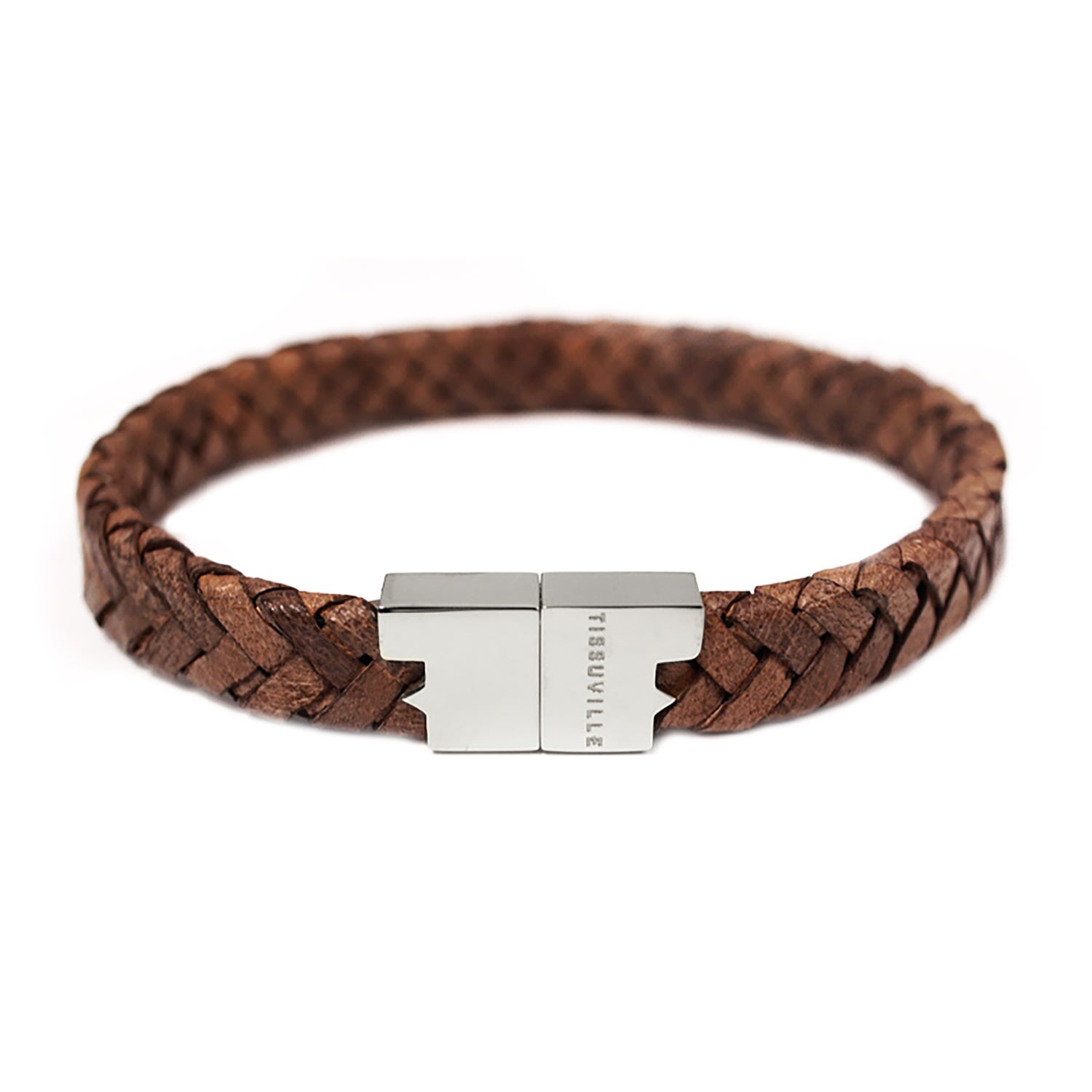 Men's Tobacco Brown Braided Leather Bracelet With Silver-Tone Hardware - Brown Tissuville