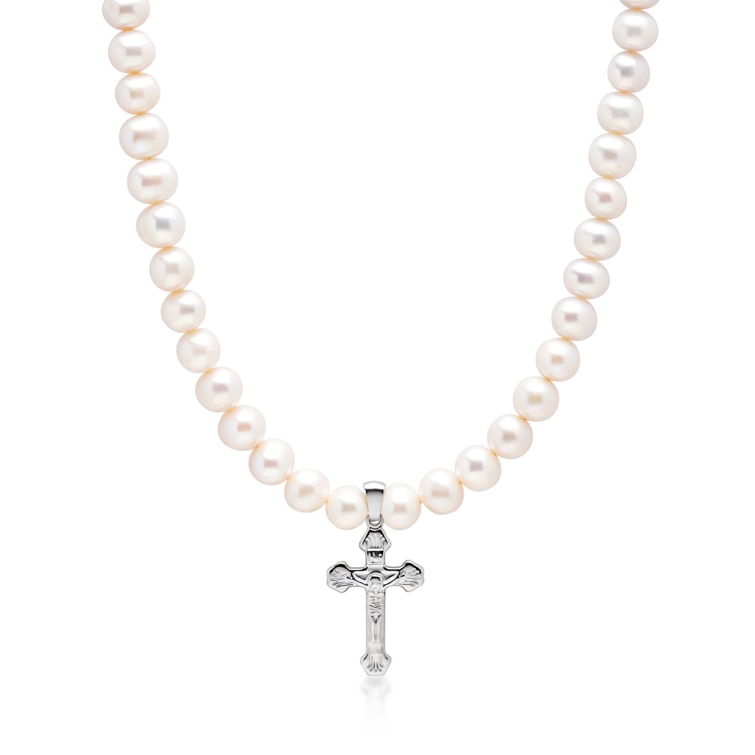 Men's White / Silver Pearl Necklace With Silver Cross Nialaya Jewelry