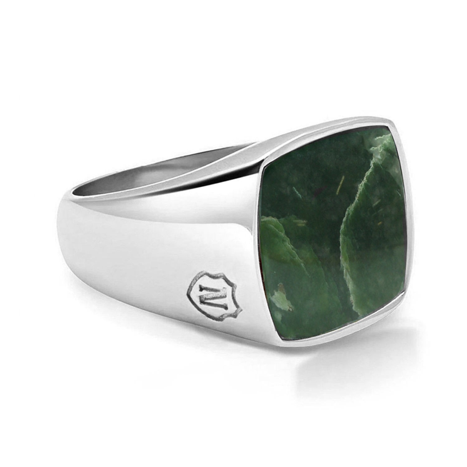 Silver / Green Men's Silver Signet Ring With Green Jade Nialaya Jewelry