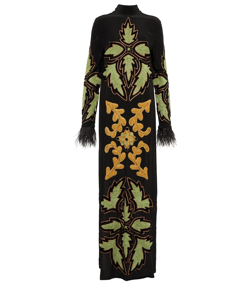 Uzbek Flair feather-trimmed silk maxi dress
