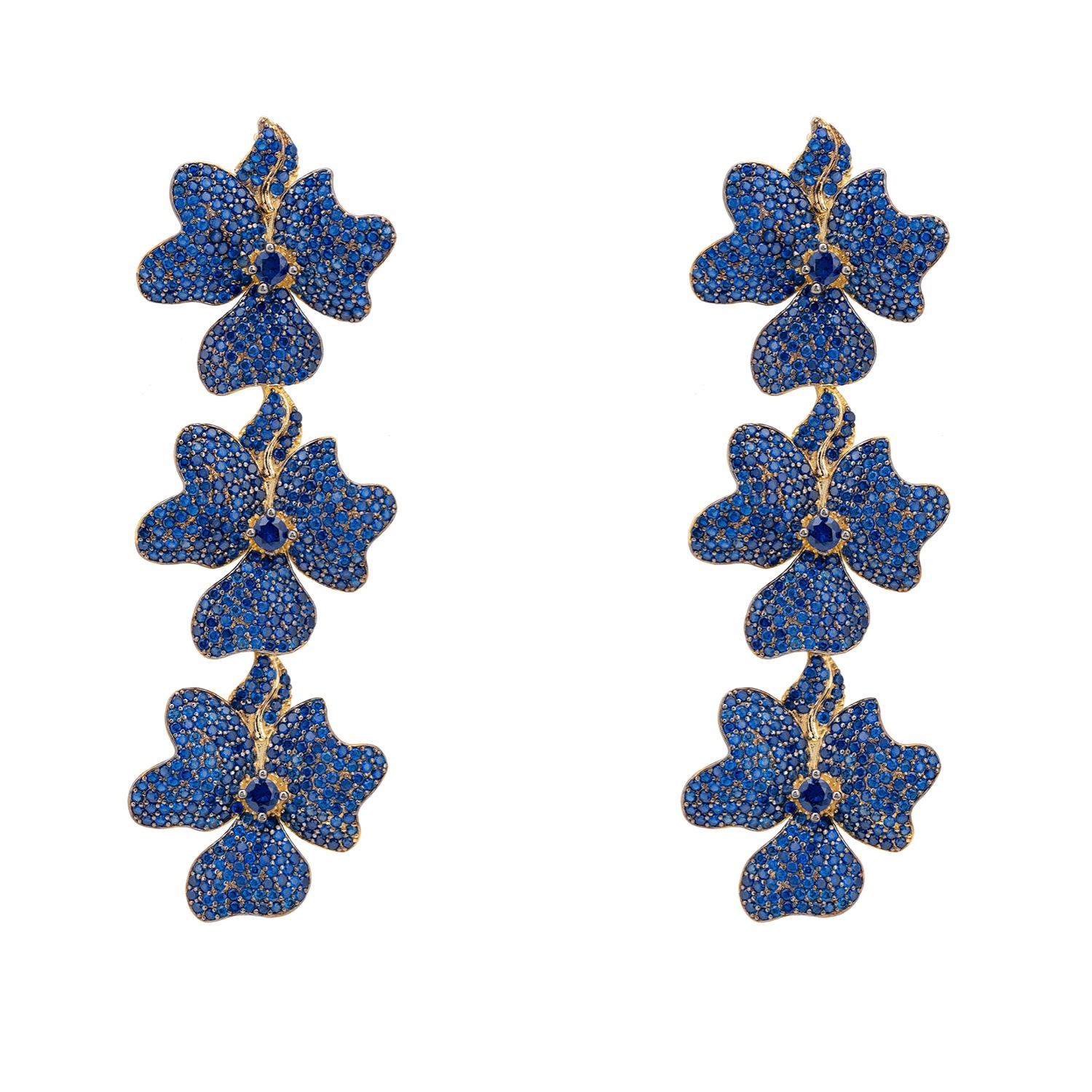 Women's Blue / Gold Jasmine Flower Triple Drop Earrings Gold Sapphire Blue LATELITA